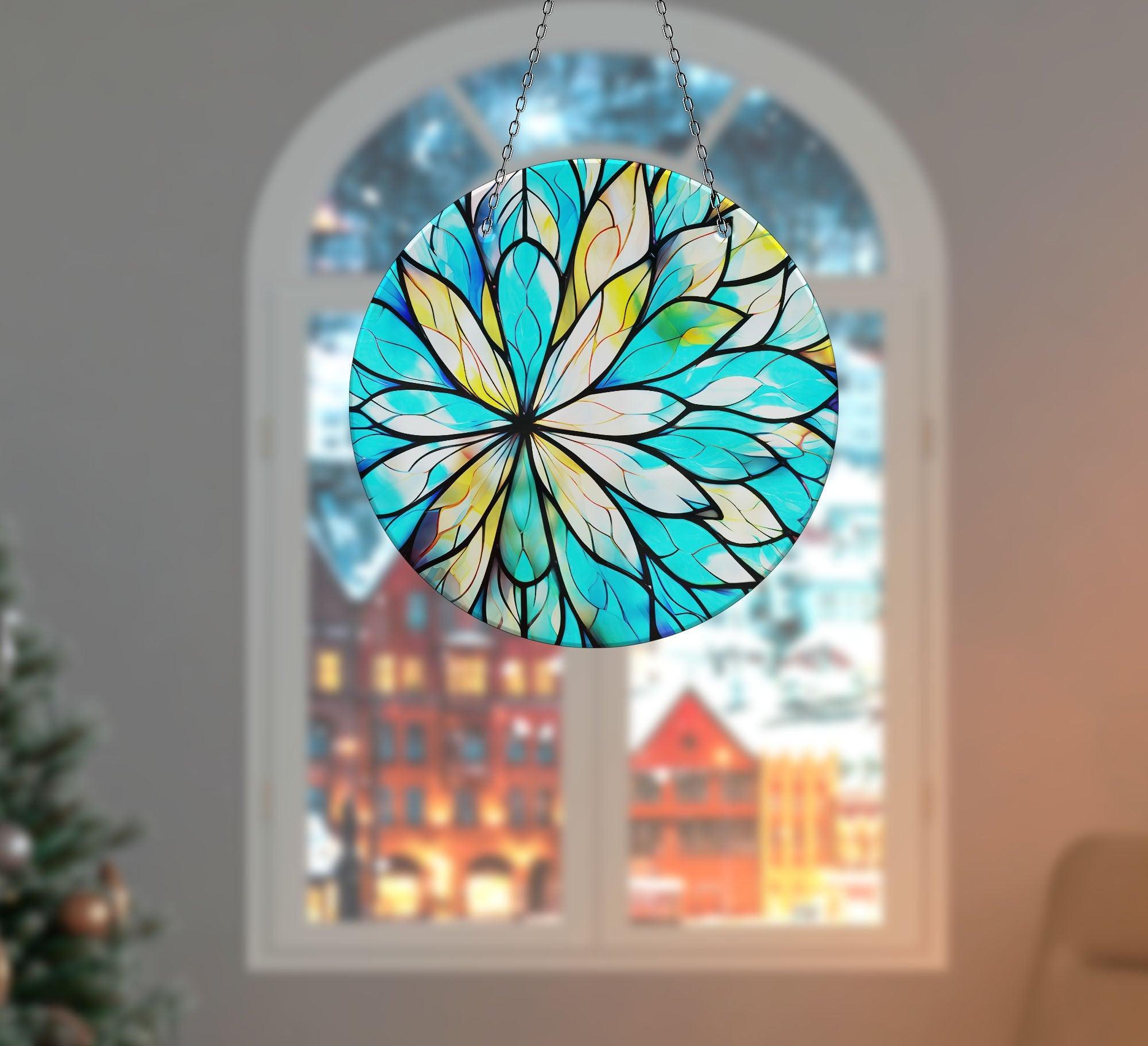 Blue and White Suncatcher Window Decor - Handmade Stained Glass Hanging Ornament for Home, Office, Garden (Perfect for Living Room, Bedroom, Kitchen & Outdoor Spaces)