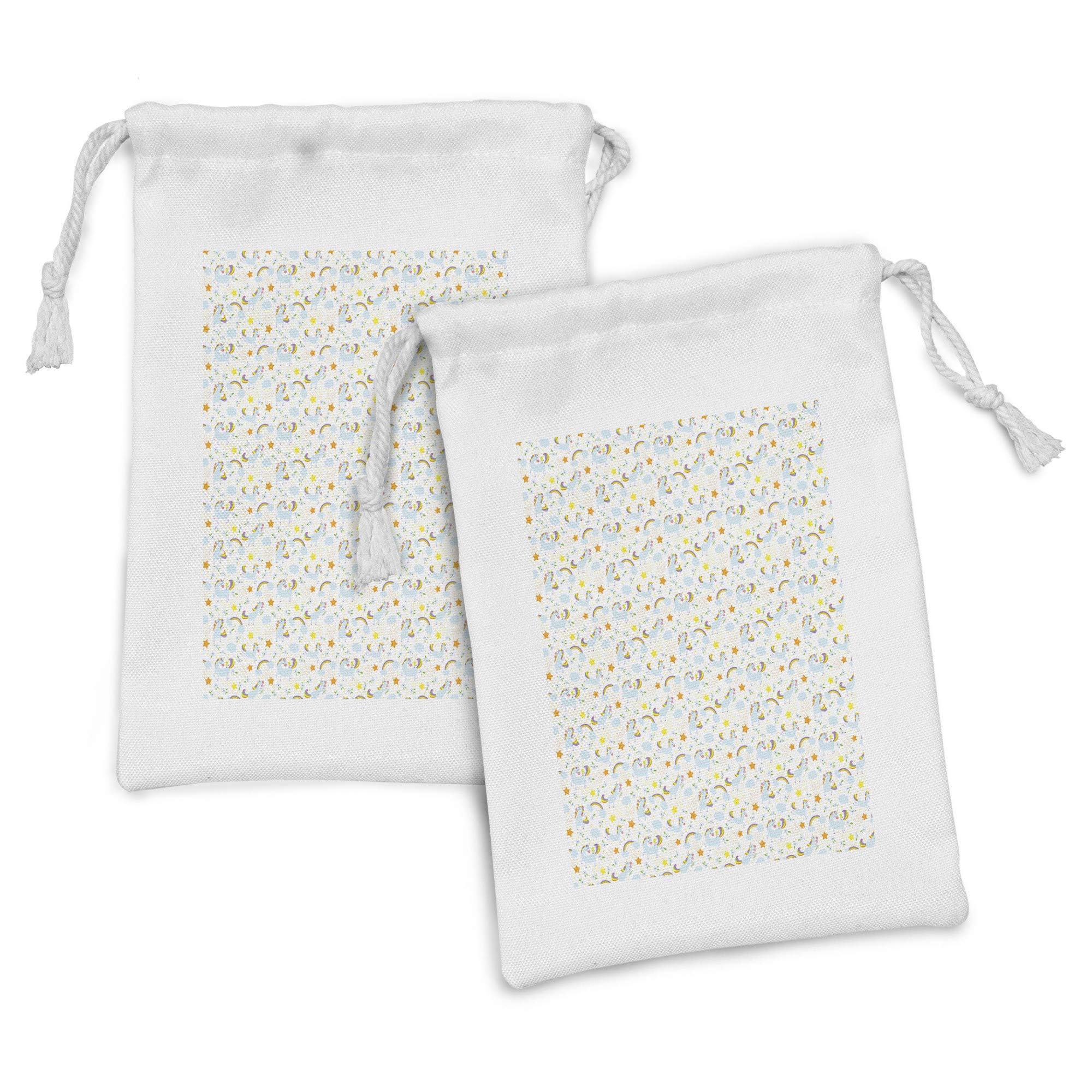 Ambesonne Unicorn Fabric Pouch Set of 2 - Fantasy Drawstring Bags with Unicorn, Birds, Stars & Floral Pattern (9