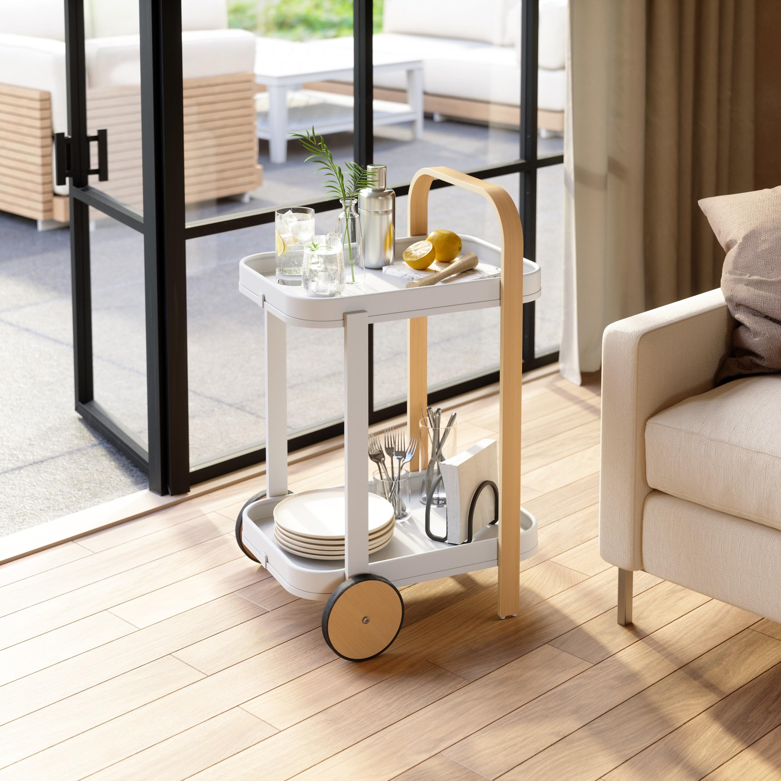 Umbra Bellwood Bar Cart - Modern Serving Trolley & Side Table in Natural/White Finish | Perfect for Home Bar, Living Room, and Outdoor Entertaining