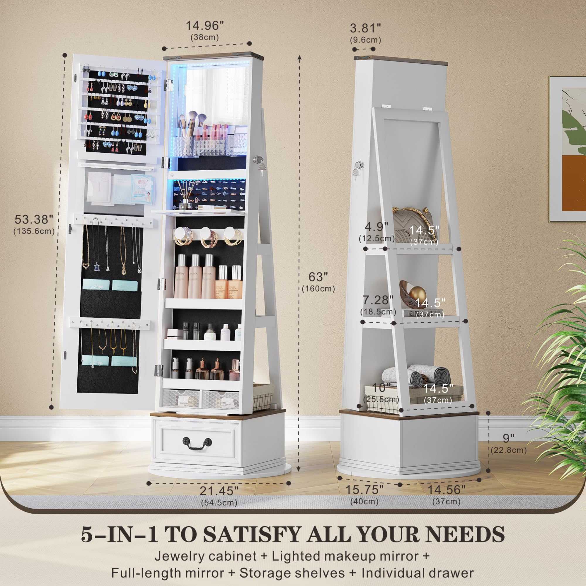 360° Swivel Jewelry Organizer with Full-Length Mirror & LED Lights - Jewelry Armoire Cabinet with Drawers - Large Mirror Storage for Jewelry & Makeup - Perfect Gift for Women, Mom, Wife & Teen Girls (White) - Ideal for Bedroom, Dressing Room & Closet Organization