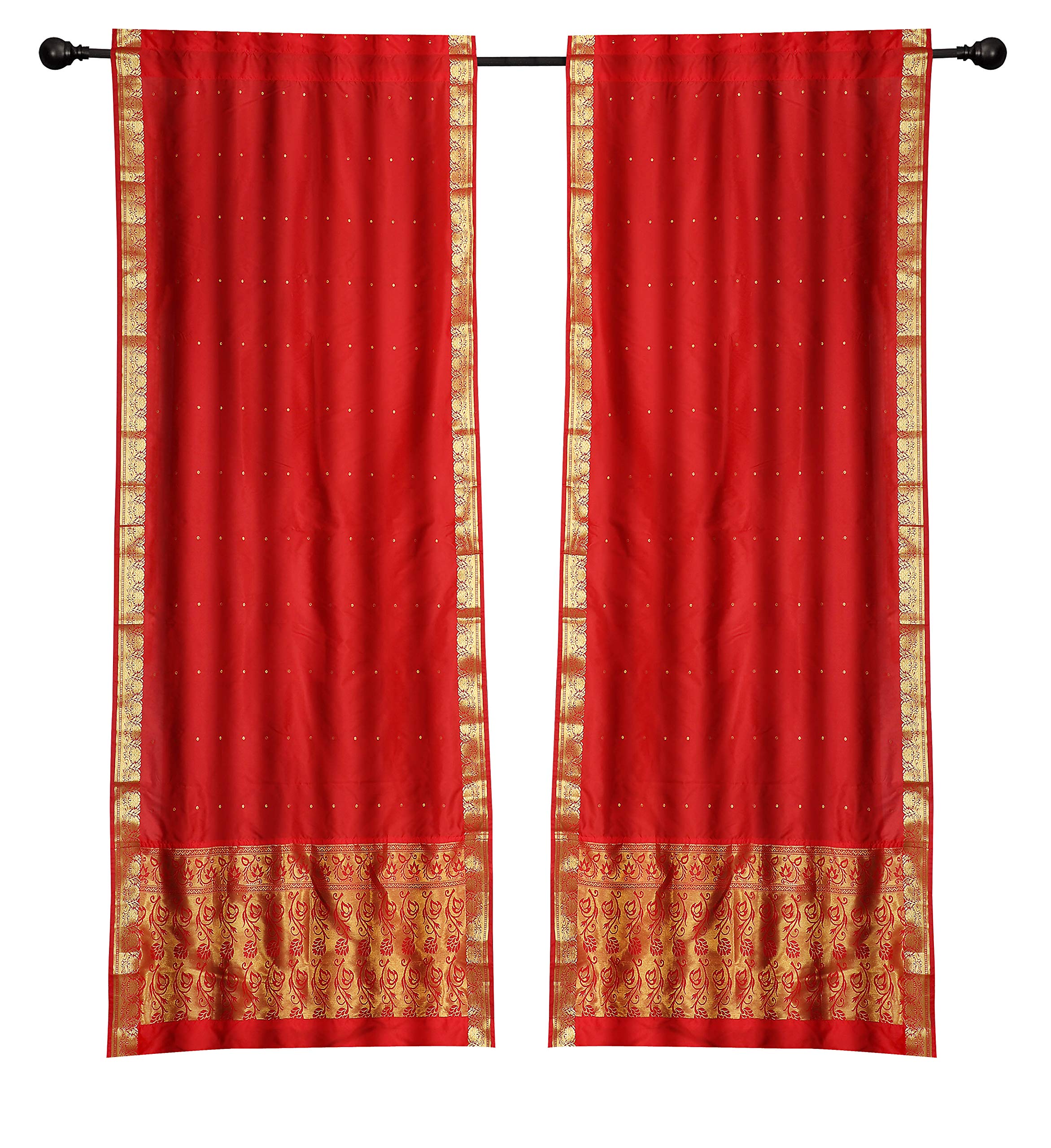 Boho Red Indian Sari Curtains - 2 Lined Window Drapes with Rod Pocket, 43