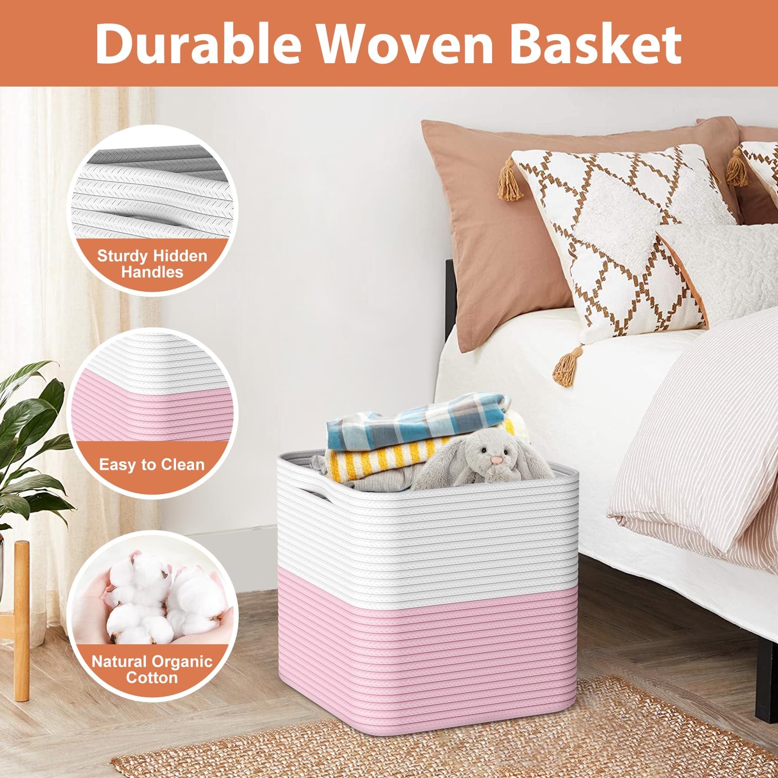 11 Inch Woven Cotton Rope Storage Baskets - 3 Pack Pink Decorative Organizer with Handles for Toys, Blankets, Laundry | Perfect for Living Room, Closet & Nursery Organization