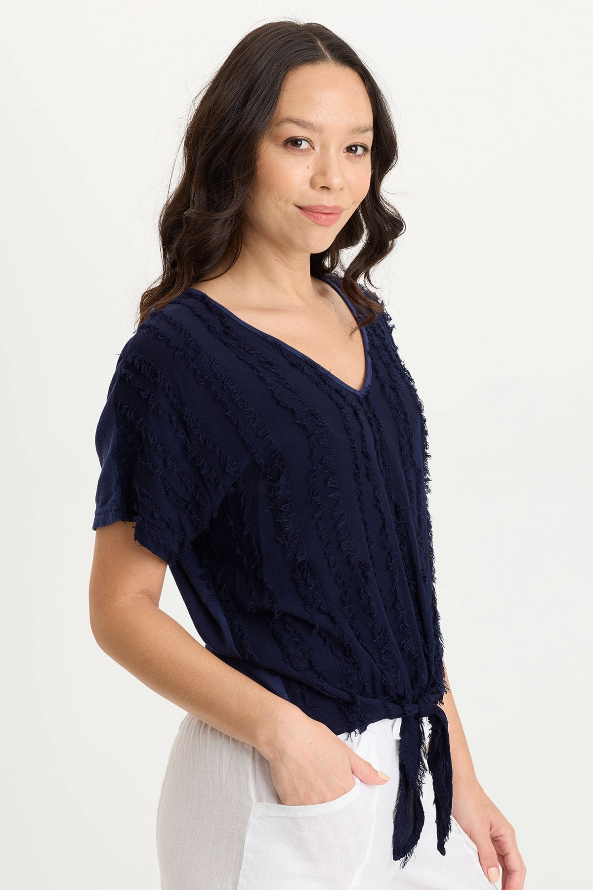 Curine Striped Voile & Jersey Knotted V-Neck Top for Women | Casual Summer Blouse for Beach, Date Night & Office Wear