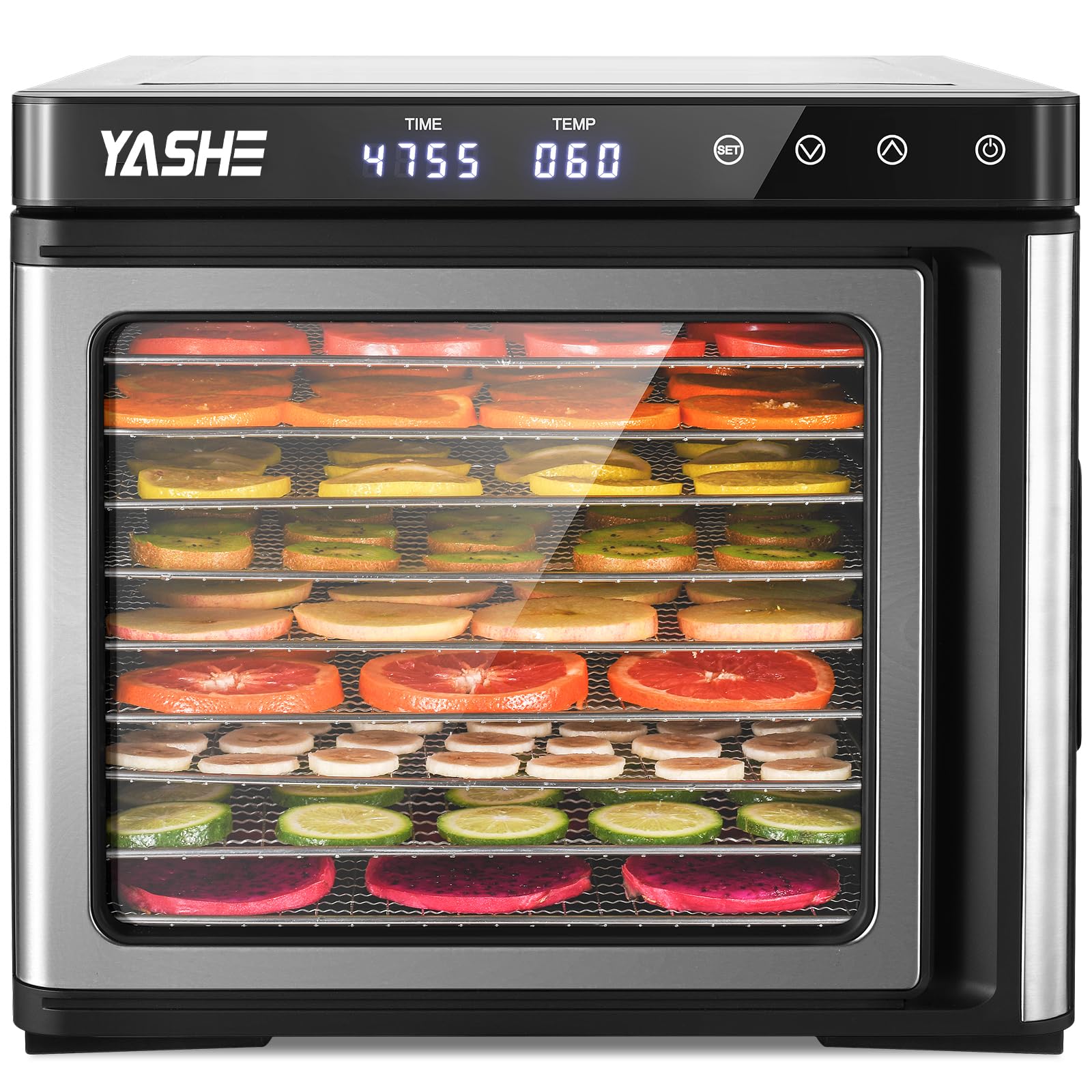 YASHE 9-Tray Stainless Steel Food Dehydrator - 1000W Electric Food Dryer with Adjustable Timer & Temperature Control for Jerky, Fruits, Herbs - Includes Recipes - Perfect for Home Kitchen, Camping & Healthy Snacks