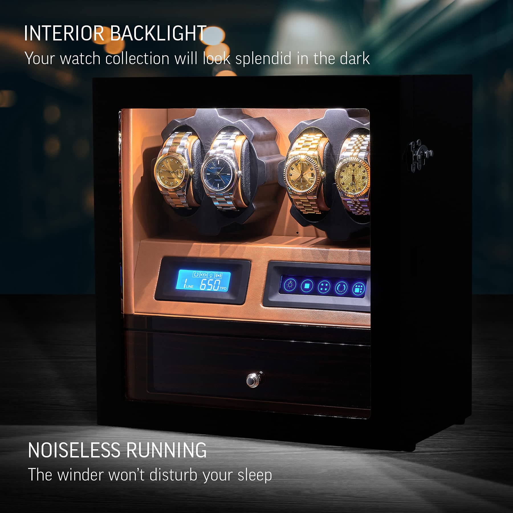 4 Watch Winder with 5 Watch Storage Space - LCD Display, Touch Control & LED Interior Light | Automatic Watch Winder for Automatic Watches | Perfect for Watch Collectors & Luxury Watch Storage