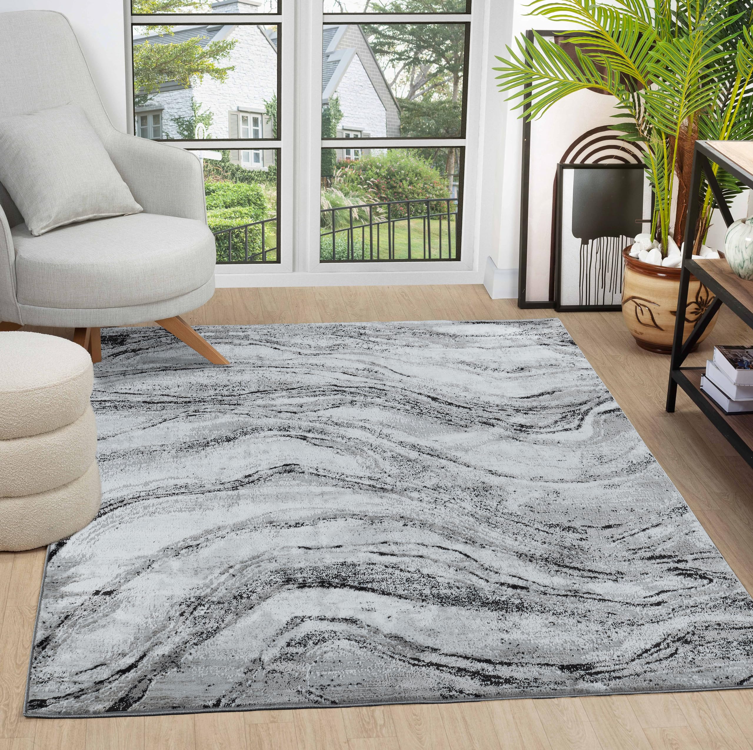 Modern Abstract Area Rug 5x7 Feet - Soft Faded Black Design for Living Room, Bedroom, Home & Office Decor - Non-Slip Comfortable Floor Mat for Cozy Spaces