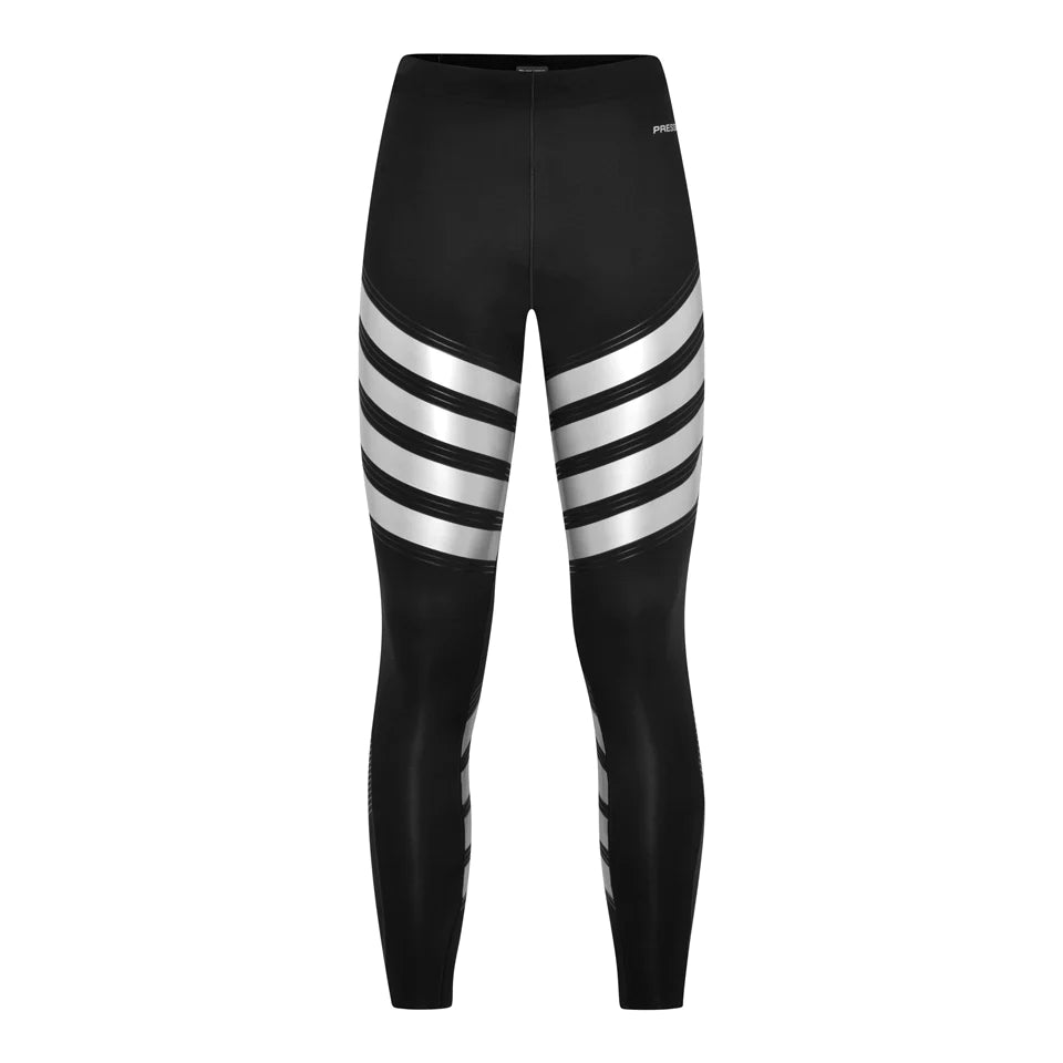 Pressio Women's Power Tight Mid Rise Workout Leggings - Black/Silver - High Waisted Yoga Pants for Running, Gym & Lounge Wear