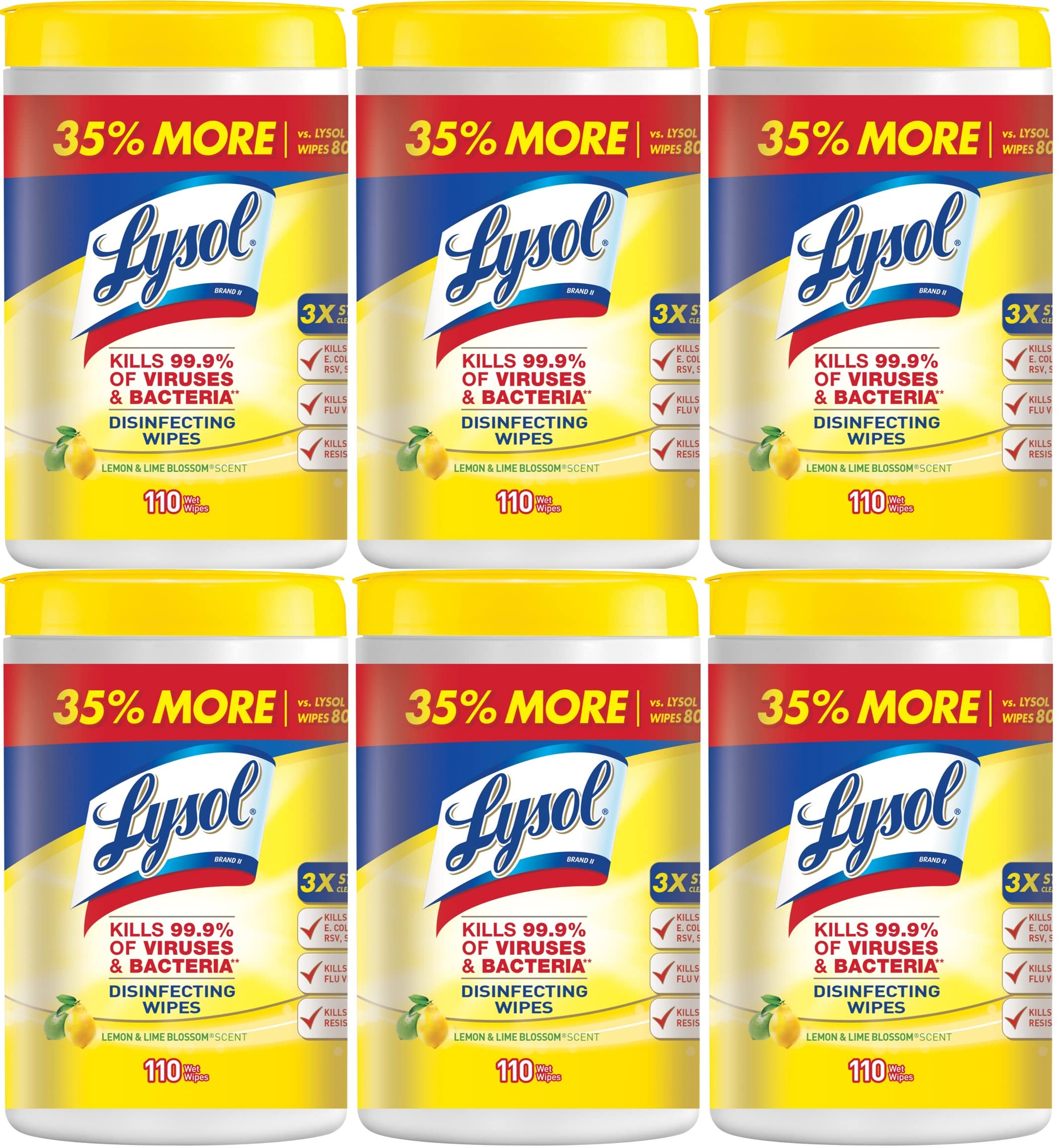 Lysol Disinfectant Wipes - Antibacterial Cleaning Wipes for Multi-Surface Disinfection (Lemon Lime Blossom Scent, 110ct x 6 Pack) - Kills 99.9% Germs - Ideal for Kitchen, Bathroom, Office & High-Touch Surfaces