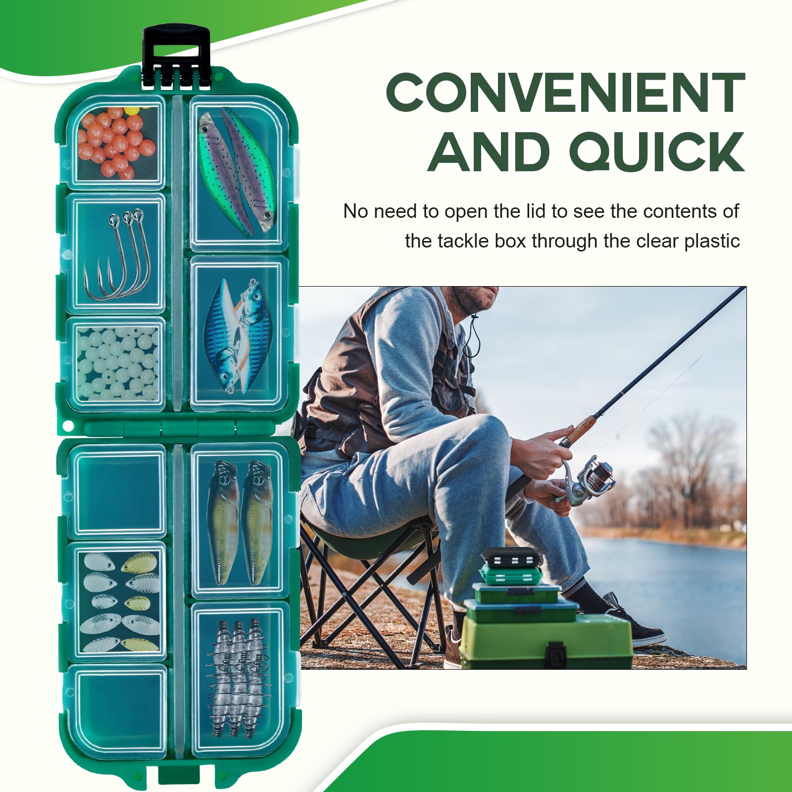 ROUDJER 2-Piece Waterproof Fishing Tackle Box Set - 10 Compartment Plastic Organizer with Transparent Lid (Black & Green) for Freshwater & Saltwater Fishing Gear Storage | Perfect for Boat, Shore, and Kayak Fishing Trips
