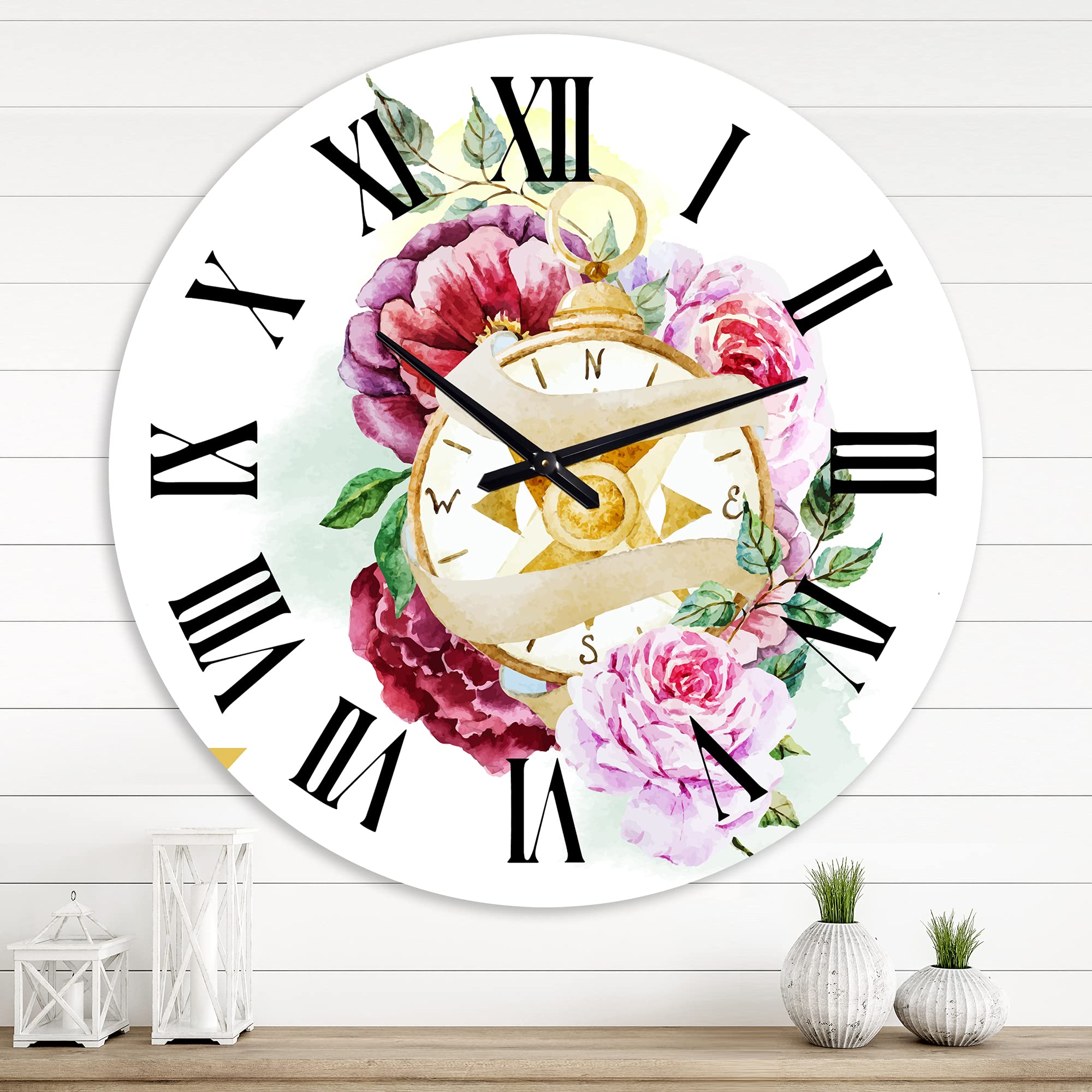 DesignQ Traditional Wall Clock 'Compass of Flowers' - Large Floral & Botanical Wall Clock for Kitchen, Living Room, Bedroom Decor | Perfect for Home, Office & Farmhouse Style