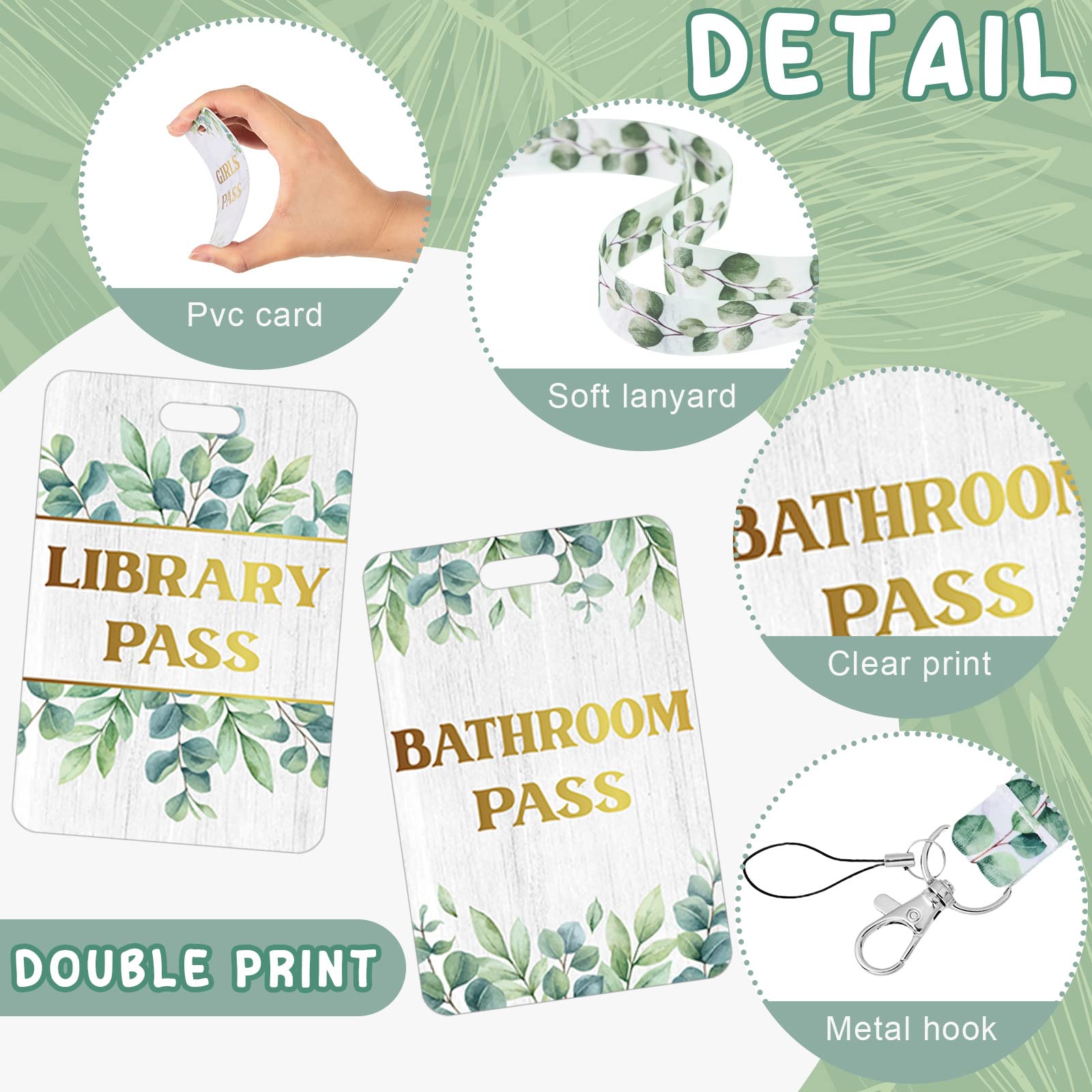 Unbreakable 8-Pack School Lanyards - Eucalyptus Style for Classroom, Bathroom & Office Use