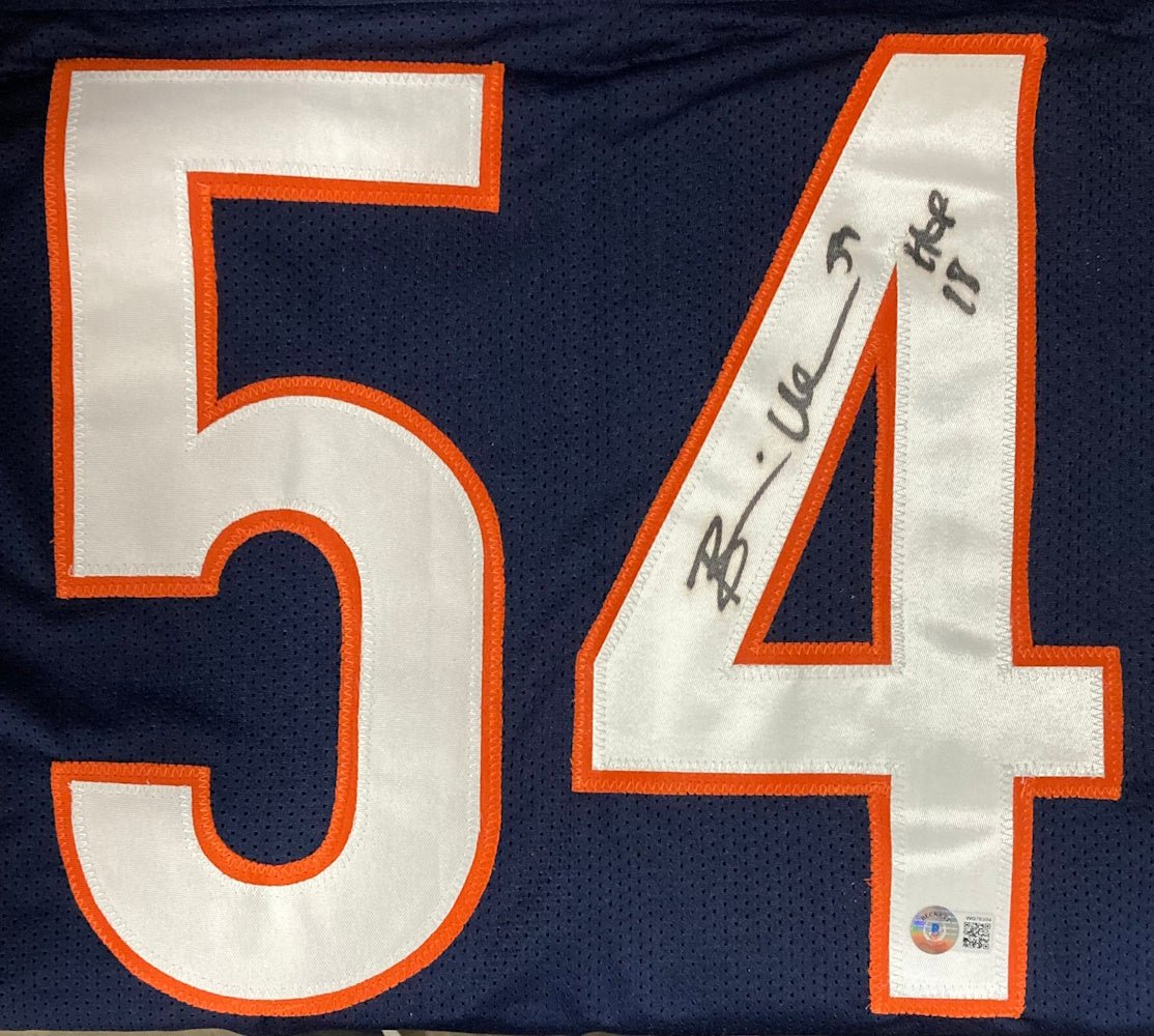 Authentic Brian Urlacher Chicago Bears Signed Navy Blue Football Jersey - HOF 18 Inscribed - Limited Edition Collectible for Sports Memorabilia Fans - Perfect for Display in Man Cave or Sports Themed Room