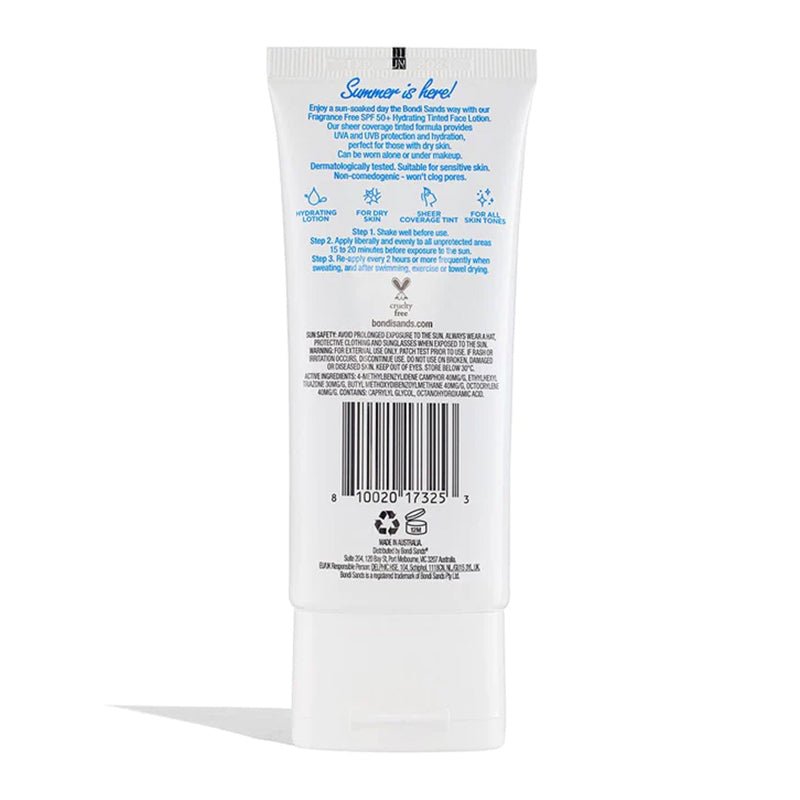 Bondi Sands SPF 50+ Fragrance Free Hydrating Tinted Face Lotion - Daily Moisturizer for Sensitive Skin, Sun Protection & Even Tone - Perfect for Beach, Outdoor Activities & Everyday Use