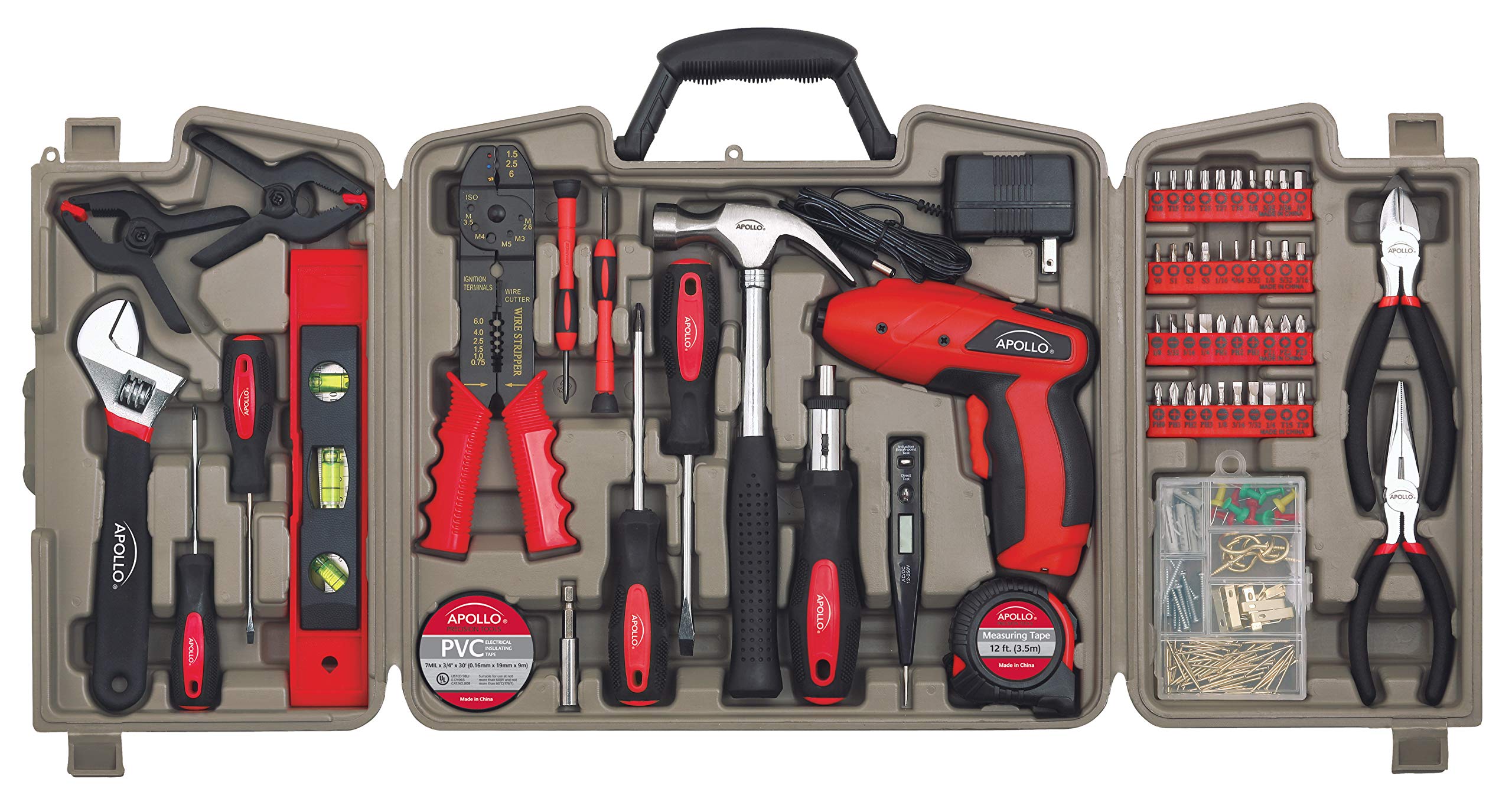 Apollo Tools DT0738 161-Piece Complete Household Tool Kit with 4.8V Cordless Screwdriver - Essential Hand Tools & DIY Accessories for Home Repairs, Maintenance, and DIY Projects
