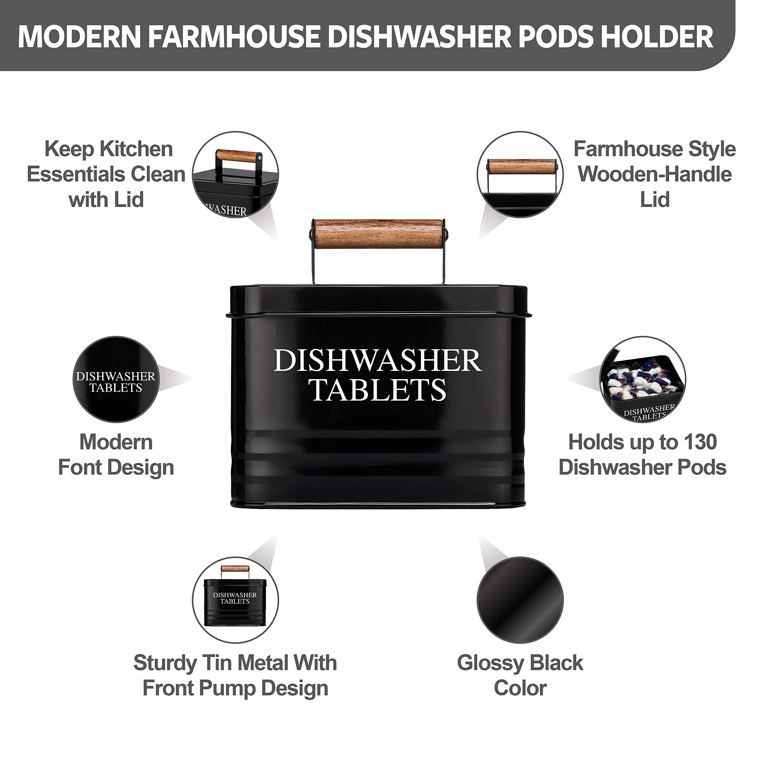Modern Farmhouse Metal Dish Rack with Lid - Black Dishwasher Pods Storage Container for Kitchen Organization | Kitchen Decor Essentials | Perfect for Countertop, Pantry & Under Sink Storage