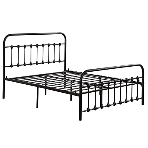 Queen Size Black Iron Bed Frame with Single-Layer Curved Headboard & Footboard - Shell Decorated Metal Bed Frame for Master Bedroom, Guest Room, or Dormitory