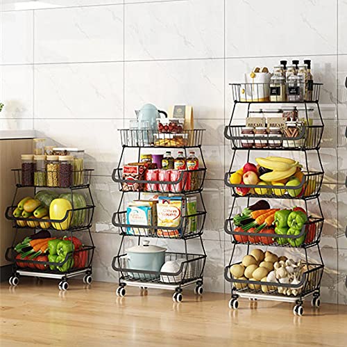 Stainless Steel Rolling Stackable Wire Baskets - 4 Tier Metal Storage Organizer with Wheels for Kitchen Pantry, Bathroom & Office | Perfect for Snacks, Toiletries & Office Supplies Organization
