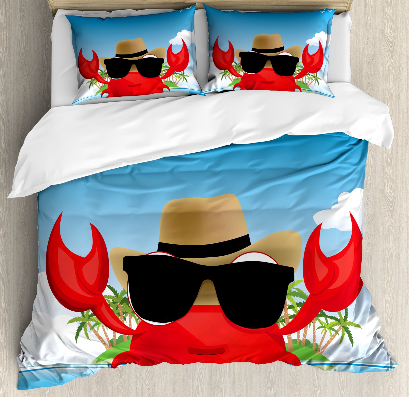 Ambesonne Crabs Duvet Cover Set - King Size 3-Piece Bedding with 2 Pillow Shams | Fun Tropical Island Design Featuring Cool Crustaceans in Black Sunglasses & Hats | Perfect for Summer Vacation, Beach House Decor, or Coastal-Themed Bedroom