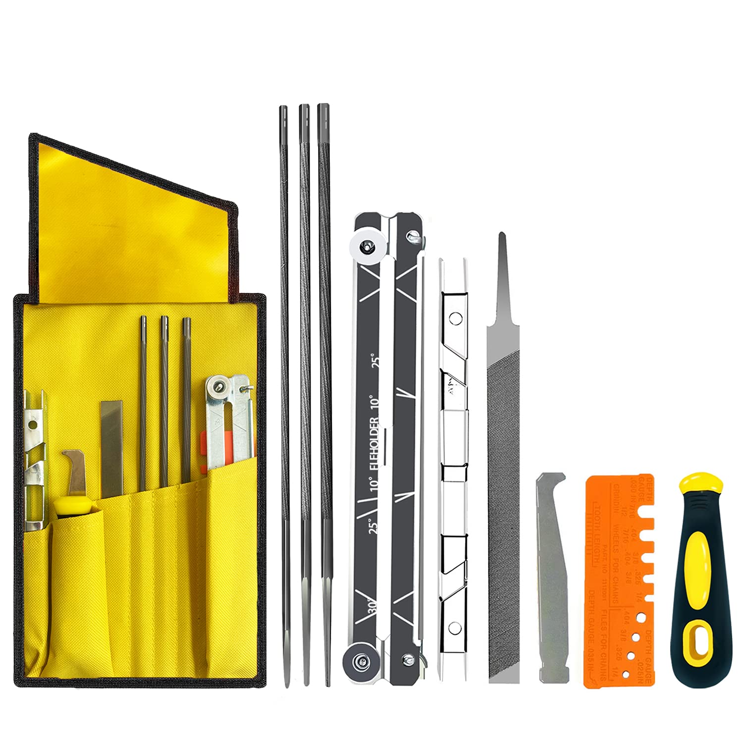Professional Chainsaw Sharpener Kit - 10-Piece Set with Flat & Round Files (5/32, 3/16, 7/32), Depth Gauge, File Guide, Quick Check Gauge, Cleaner & Storage Pouch - Perfect for Sharpening All Brand Chainsaw Blades & Teeth - Ideal for Wood Cutting, Tree Trimming & DIY Landscaping Projects