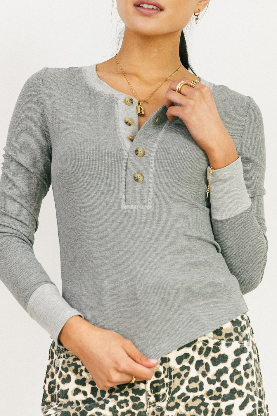 Elise Ribbed Knit Top for Women - Soft Grey Casual Shirt, Perfect for Layering, Office Wear & Everyday Outfits