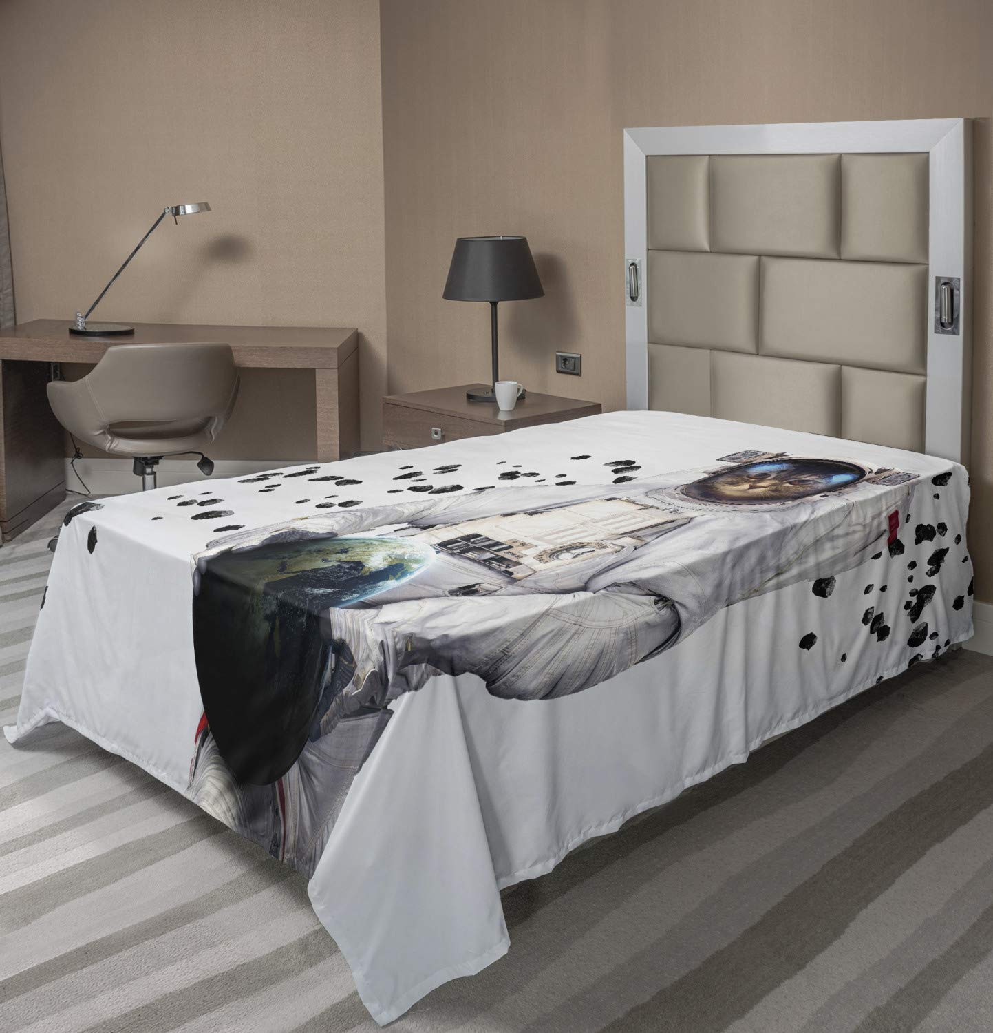 Ambesonne Space Cat Flat Sheet - Astronaut Kitten in Space Suit Holding Planet with Galaxy Design | Soft & Comfortable Twin XL Top Sheet | White, Black & Blue Decorative Bedding | Perfect for Kids' Rooms, Space-Themed Bedrooms & Sci-Fi Decor