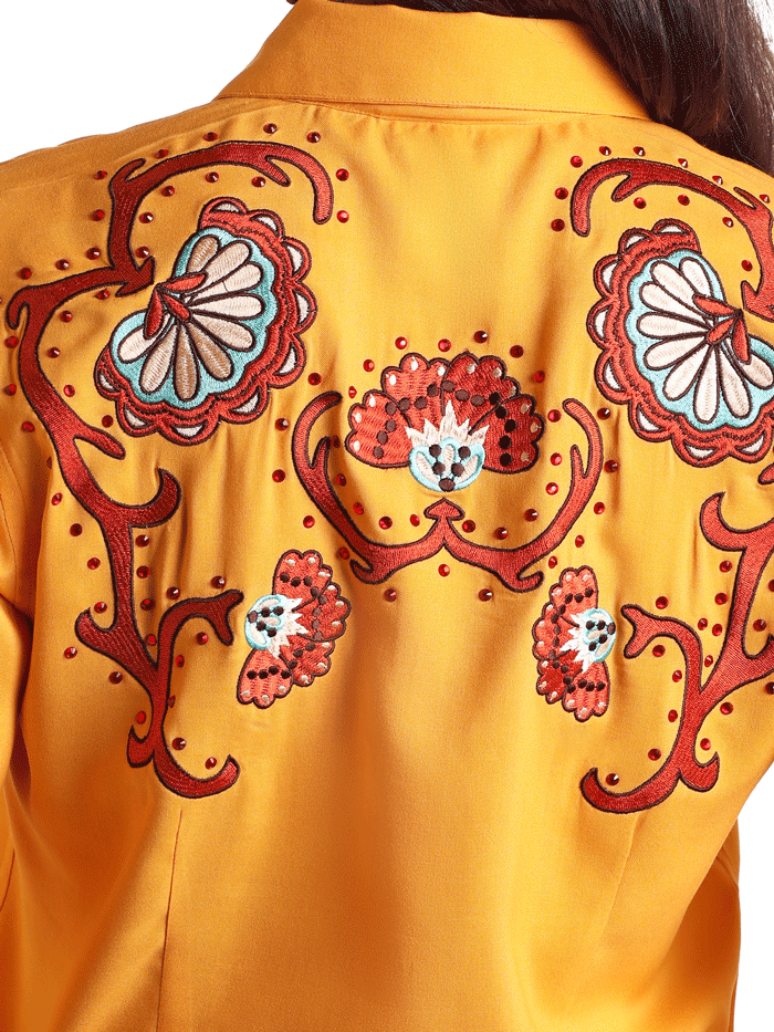 Women's Embroidered Retro Snap Shirt in Mustard Gold - Panhandle LWN2S05818 Vintage Style Button Up Top for Casual Outings & Western Fashion