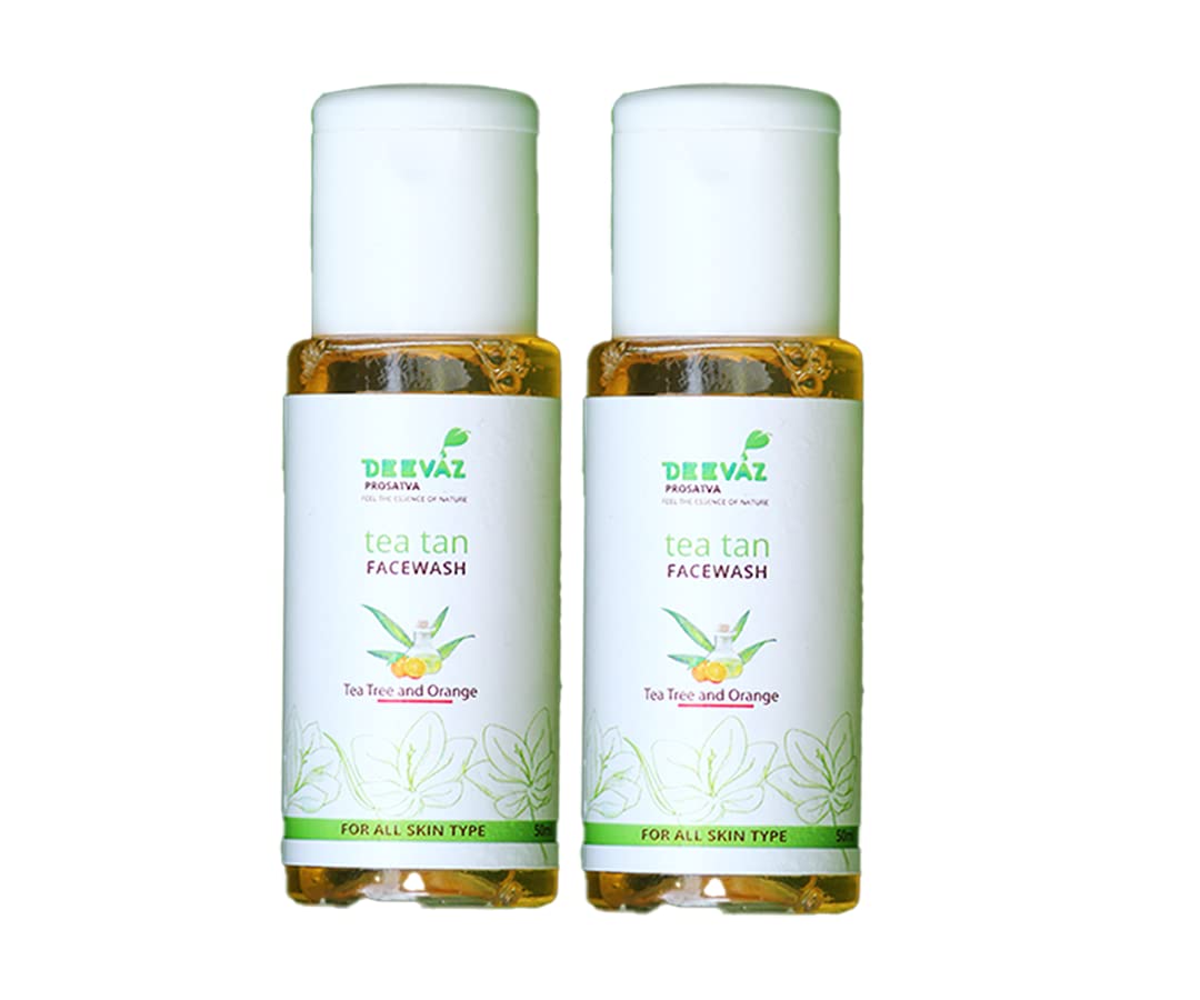 Deevaz Prosatva Orange & Tea Tree Face Wash for All Skin Types - 50ml | Tan Removal & Skin Brightening Cleanser - Pack of 2 | Perfect for Daily Skincare & Sun-Damaged Skin
