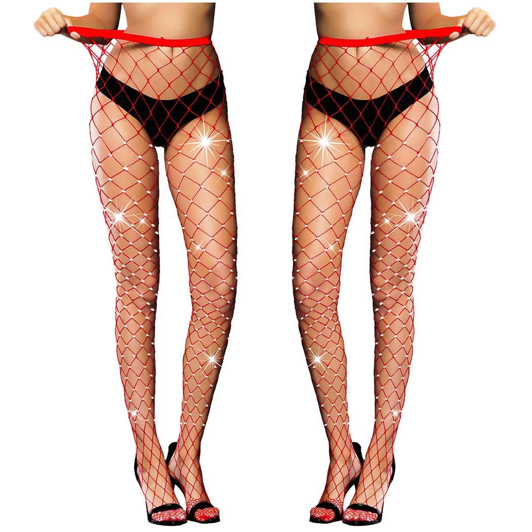 Sparkly Rhinestone Fishnet Stockings for Women - High Waist Sexy Mesh Thigh High Tights Pantyhose | Perfect for Party, Cosplay, Halloween & Night Out