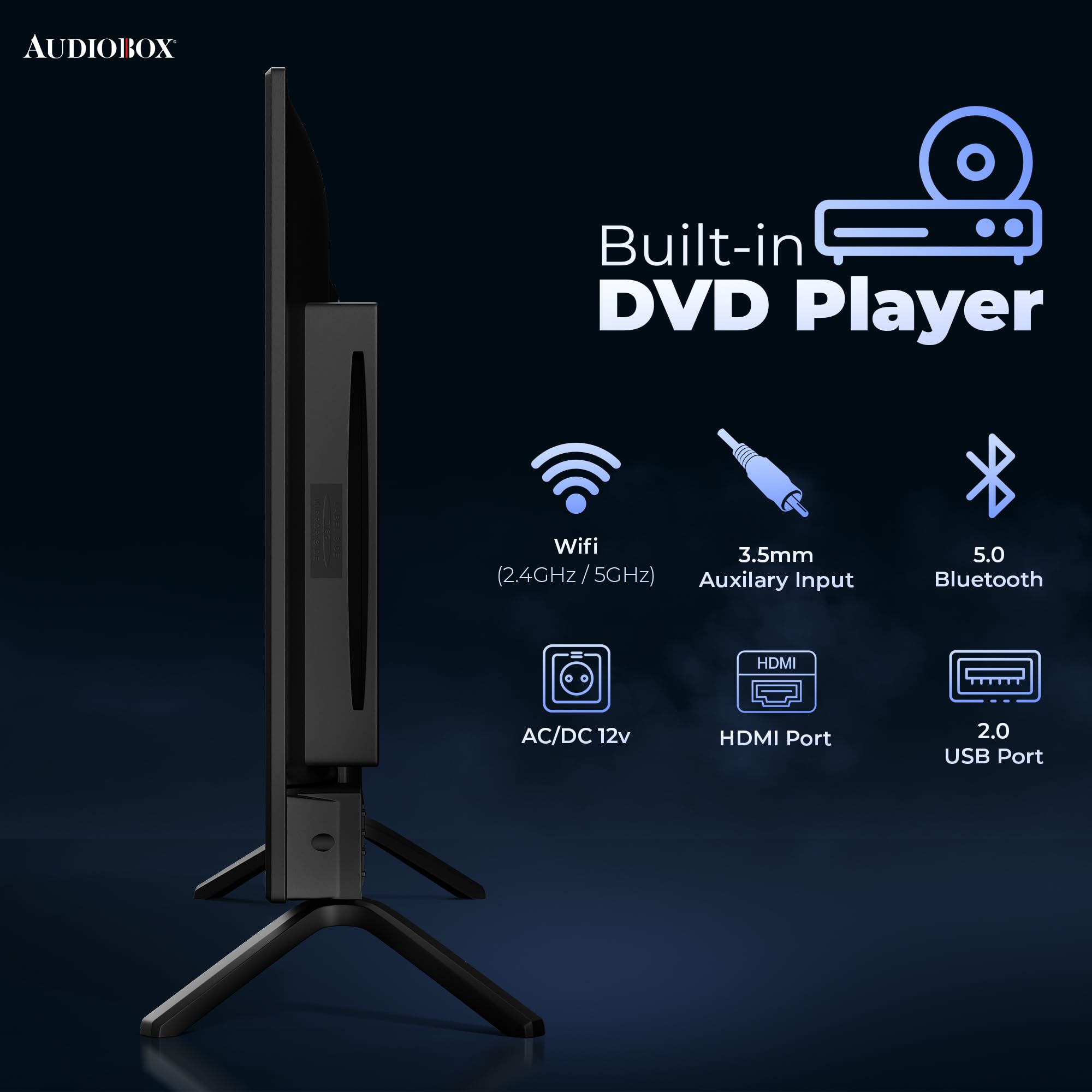 24-Inch Audiobox Smart LED HDTV with Built-in DVD Player | AC/DC Compatible for RVs & Home Use | HDMI, USB Ports & 12V Cable Included | Perfect for Movies, Gaming & Travel Entertainment