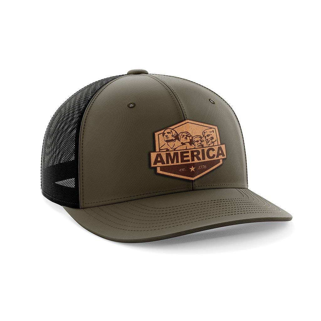 Vintage Leather Patch Hat with Mount Rushmore Design - American Flag & Patriotic Trucker Cap for Outdoor Adventures & Travel Enthusiasts