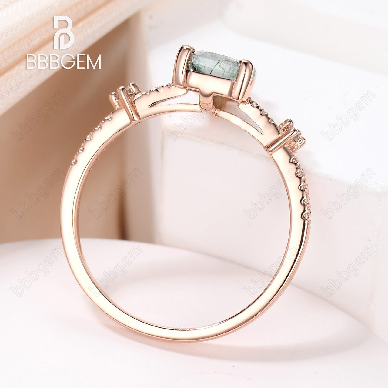 Natural Green Moss Agate Promise Ring with Moissanite Band in Rose Gold & Silver | Unique Coffin Cut Design for Engagement, Wedding & Anniversary Gifts | Handmade Jewelry for Her