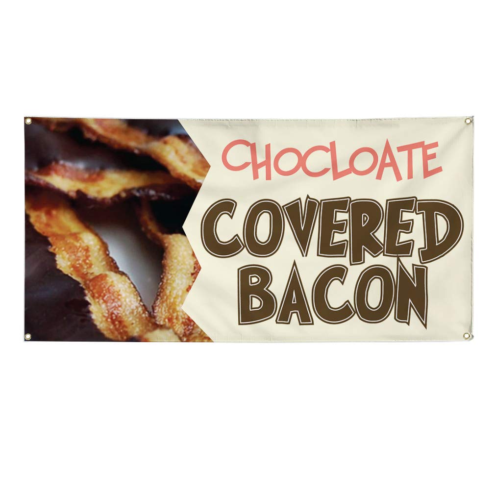 Chocolate Covered Bacon Vinyl Banner - Weatherproof Outdoor Restaurant & Food Sign (60x144 Inches, 10 Grommets, Brown) - Perfect for Restaurant Promotions, Food Festivals & Outdoor Advertising
