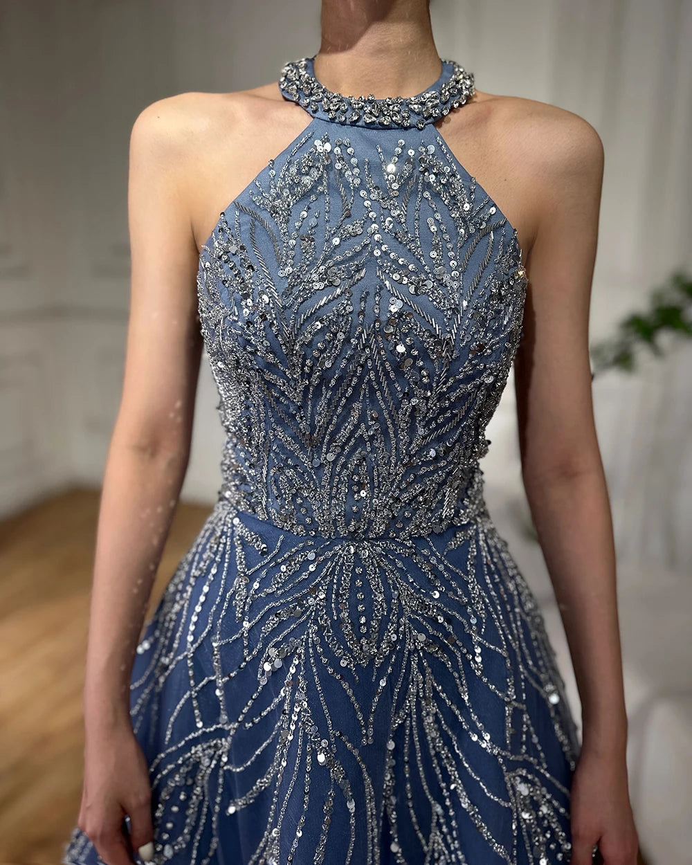Elegant Blue Arabic A-Line Halter Gown - Luxury Dubai Evening Dress for Women | Wedding, Party & Special Occasion Wear | 2025 Fashion LA72302