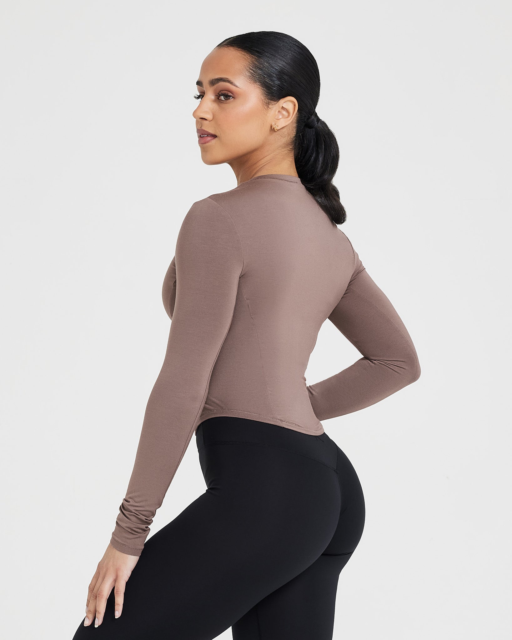 Mellow™ Soft Mid Long Sleeve Top for Women - Comfortable Stretch Casual Shirt in Cool Brown | Perfect for Work, Travel & Everyday Wear