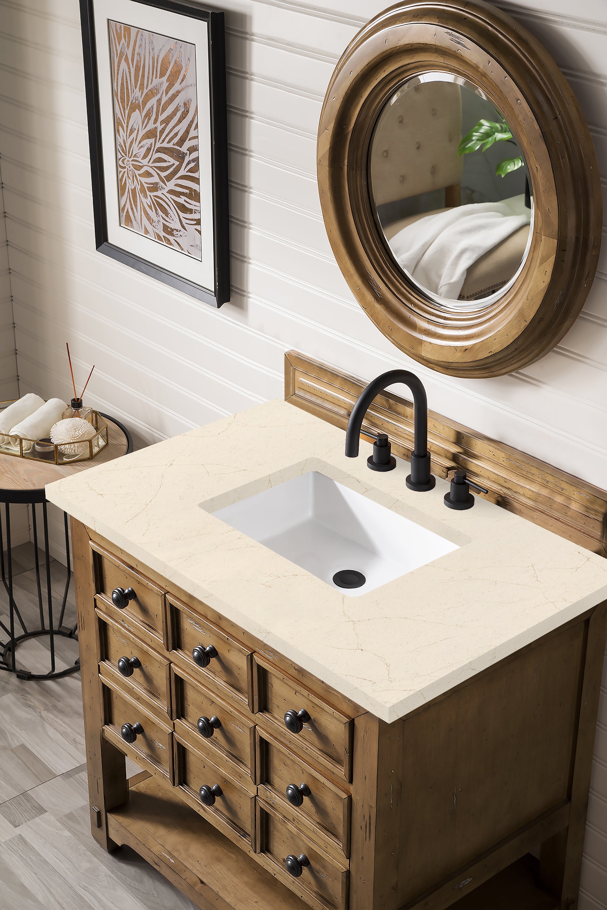 Malibu 36-Inch Single Bathroom Vanity with Honey Alder Wood & 3CM Eternal Marfil Quartz Countertop - Perfect for Modern Bathroom Remodeling and Home Upgrade