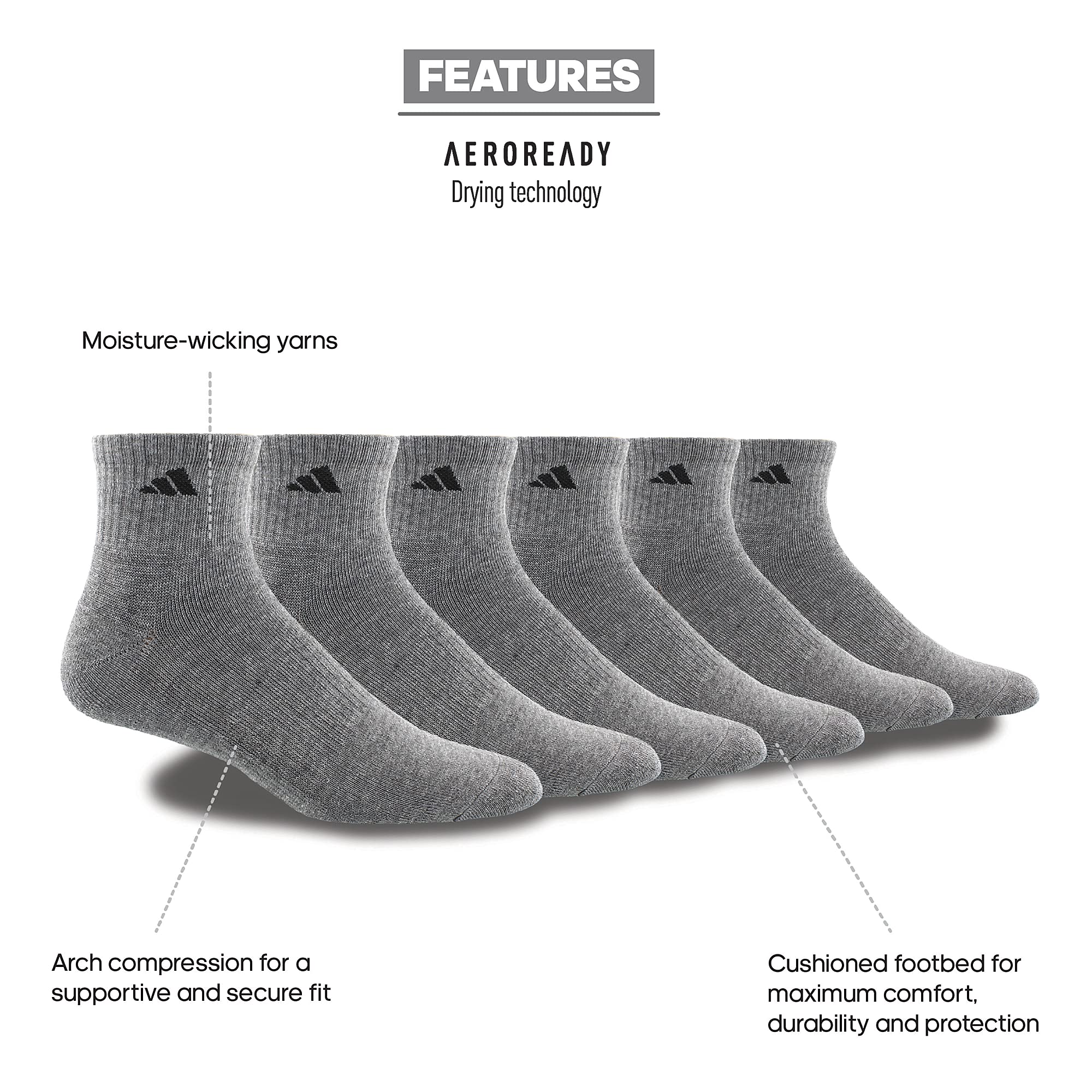 adidas Men's Athletic Cushioned Quarter Socks with Arch Compression - 6 Pairs Pack for Running, Gym & Sports - Breathable Comfort Socks for Workout & Daily Wear