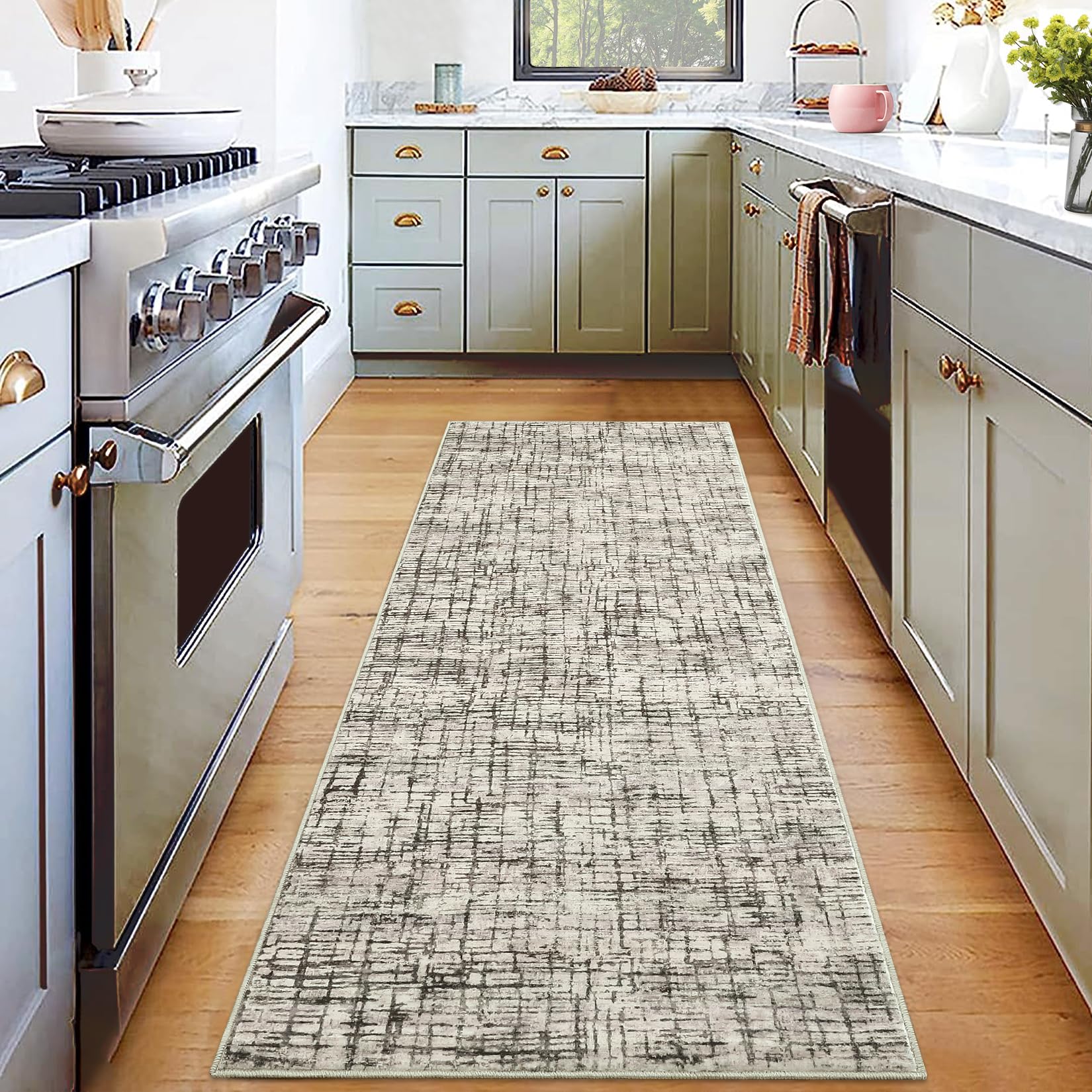 GARVEE 2x6 Washable Runner Rug - Modern Abstract Low Pile Non-Skid Non-Shedding Carpet - Soft Thin Contemporary Distressed Plaid Design - Perfect for Hallway, Entryway, Kitchen & High Traffic Areas - Camel Color