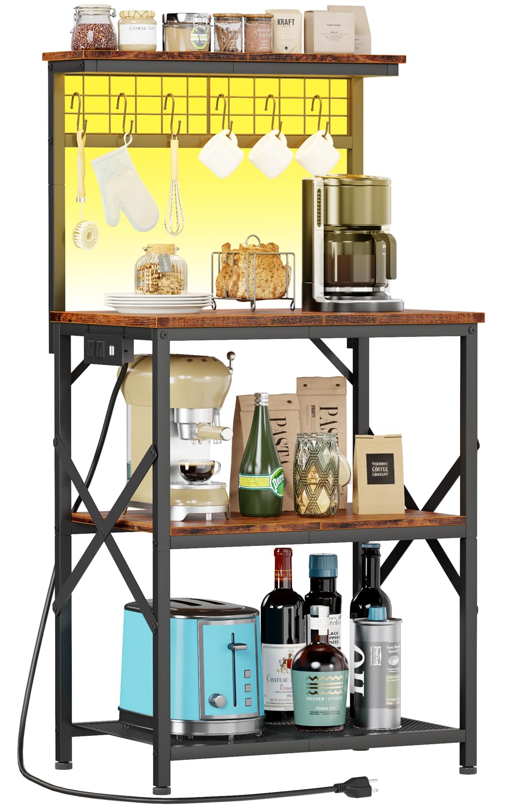 Furologee 4-Tier Bakers Rack with Power Outlet & LED Lights - Rustic Brown Kitchen Storage Shelf for Microwave, Coffee Bar, Spices & Pots - Perfect for Small Kitchens, Apartments & Coffee Stations