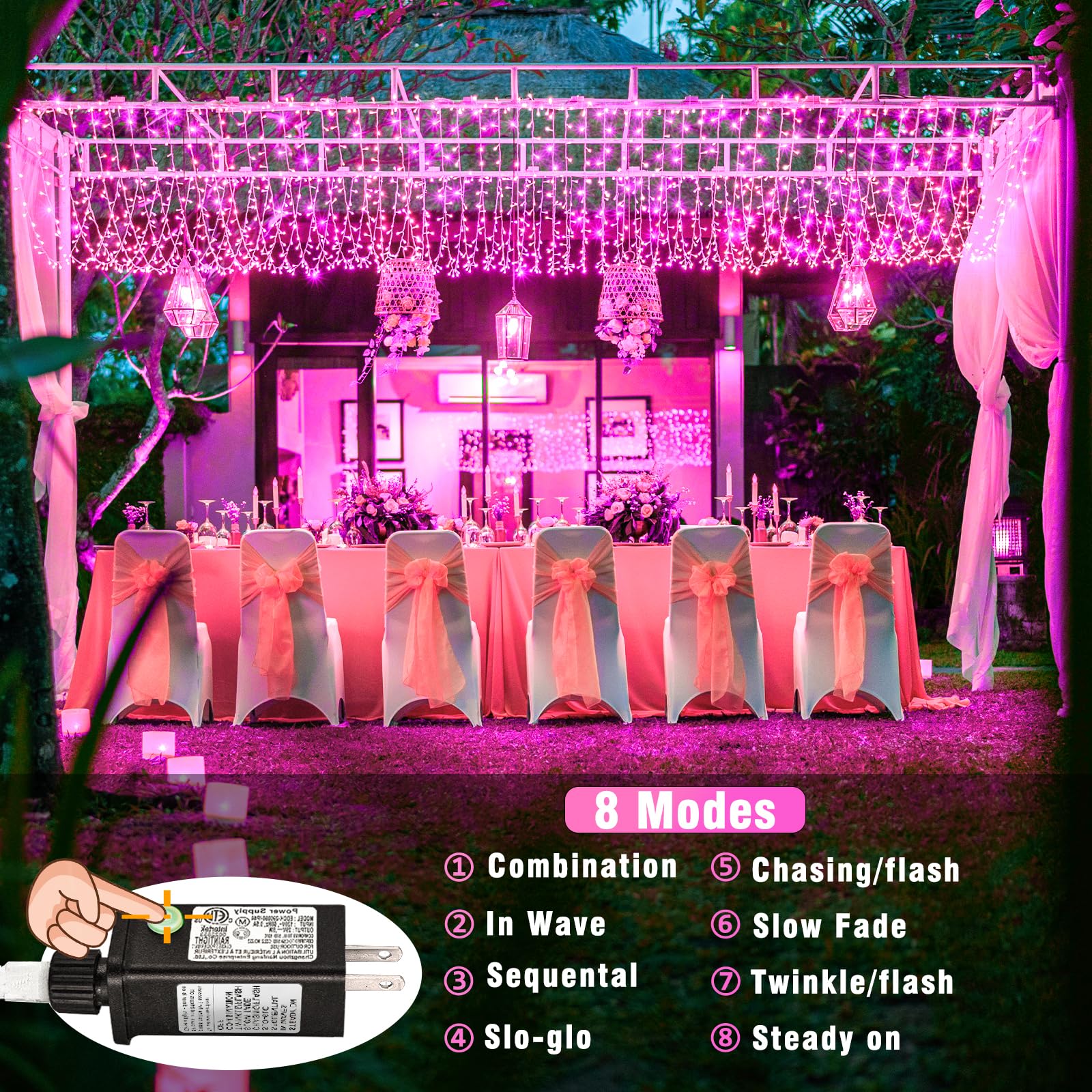 100 LED Pink String Lights - 33ft Waterproof Fairy Lights with 8 Modes, Clear Wire for Indoor/Outdoor Use | Perfect for Bedroom Decor, Wedding, Christmas, Garden & Party Lighting