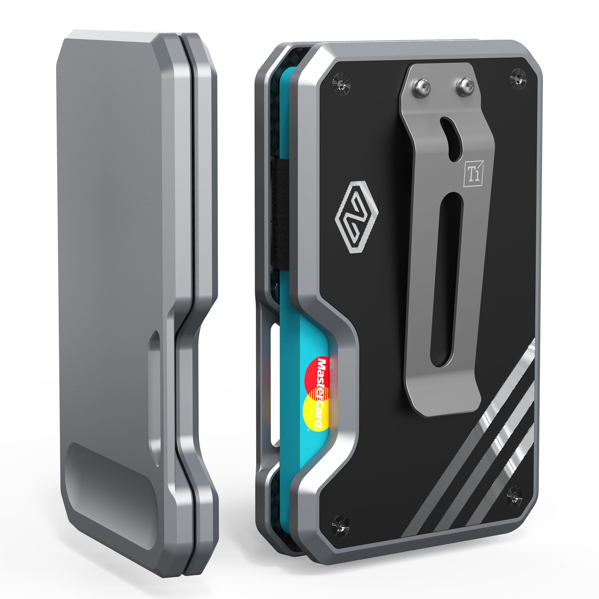 Slim RFID Blocking Minimalist Wallet for Men - Titanium Money Clip Metal Front Pocket Credit Card Holder - Magsafe Compatible for iPhone Cases (Gray/Black) | Perfect for Everyday Carry, Travel & Business Use