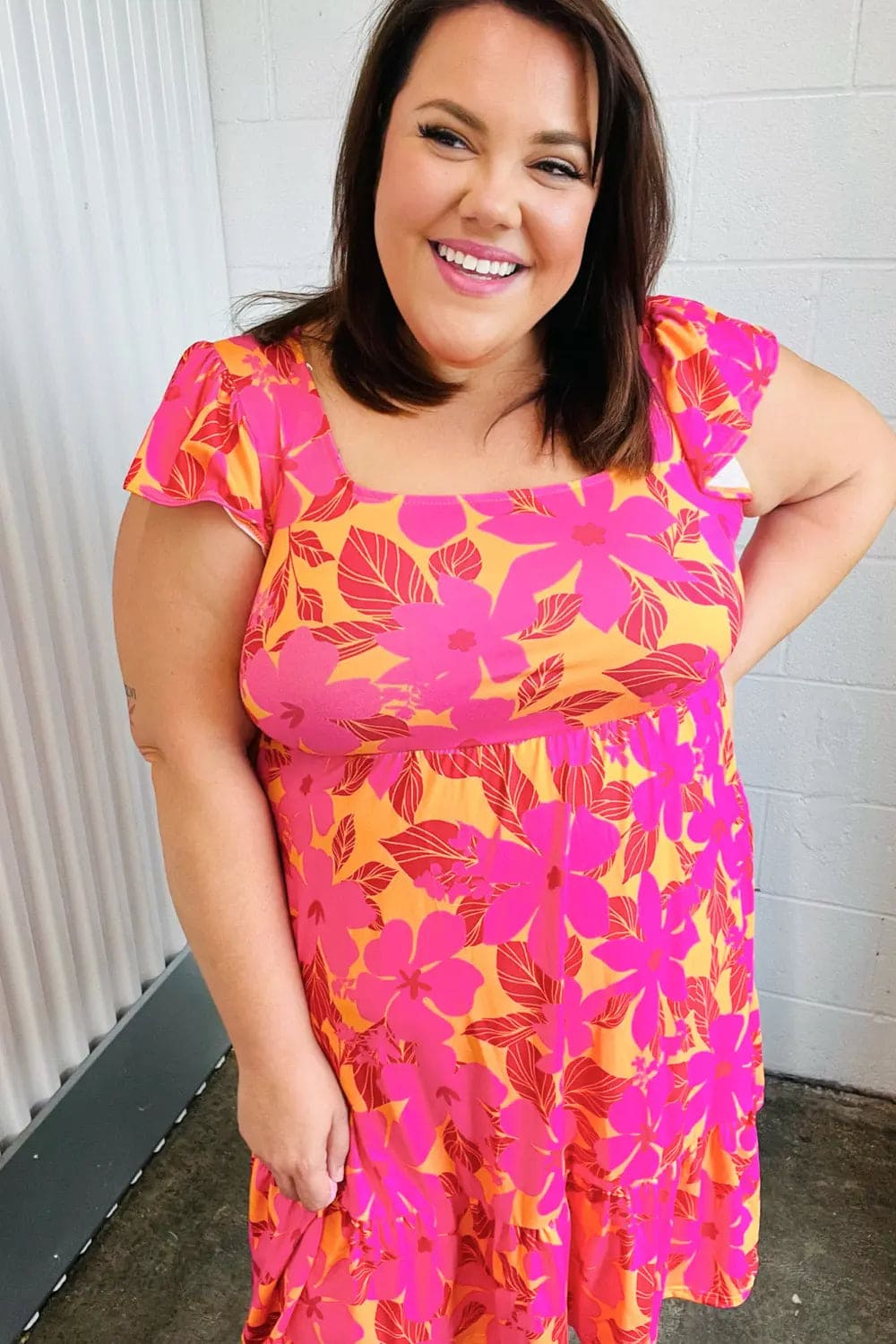 Fuchsia & Orange Tropical Floral Square Neck Summer Dress for Women - Beach Vacation, Party & Casual Outfit