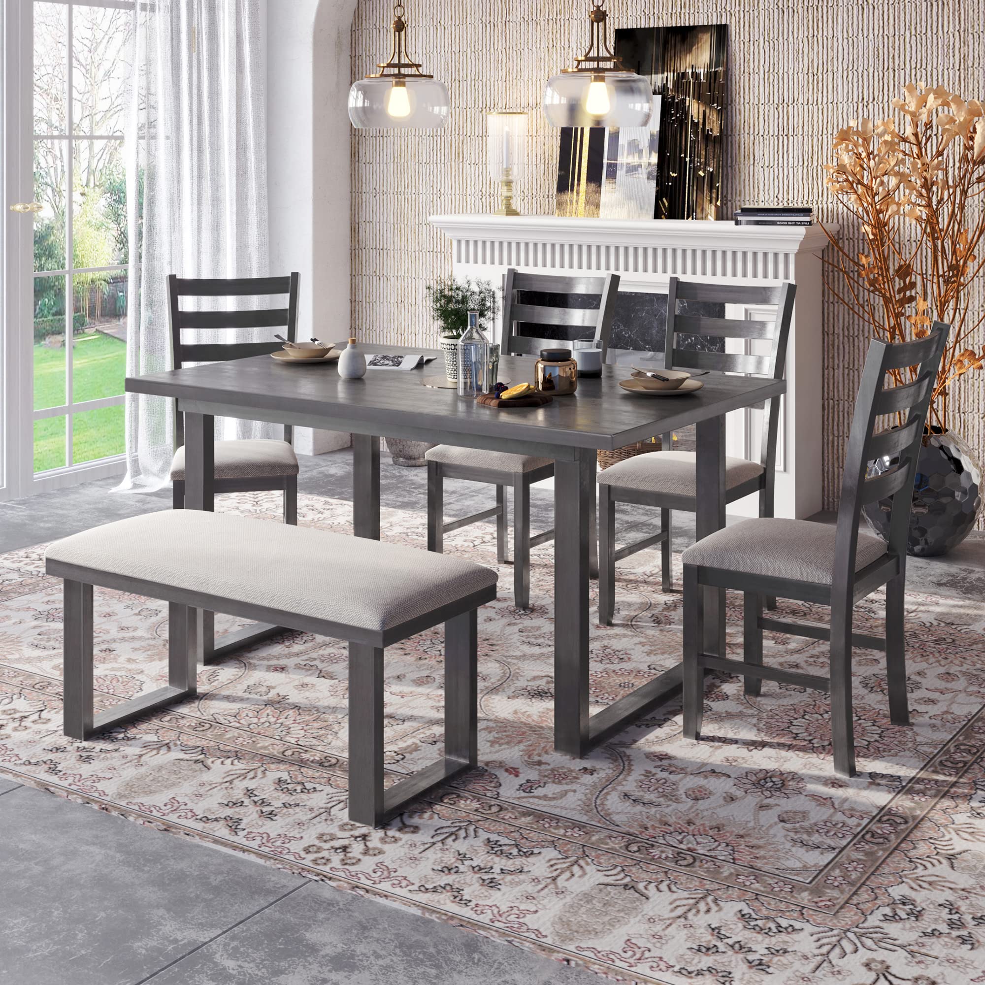 **6-Person Kitchen Dining Set with Table, 4 Chairs & Bench - High-Density Cushion Seating - Perfect for Family Meals, Entertaining & Small Spaces**