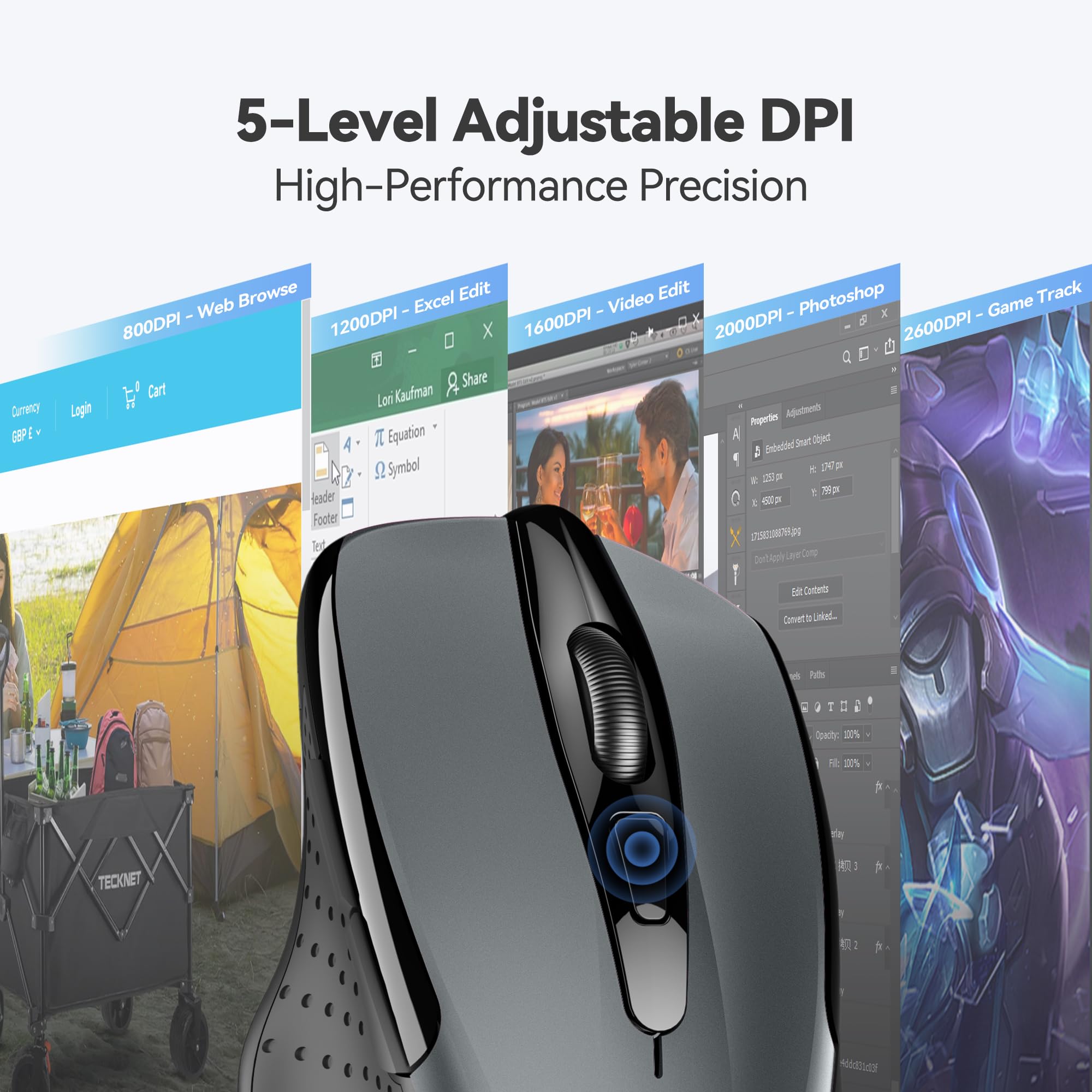 TECKNET Wireless Ergonomic Mouse - 2.4G Optical Computer Mouse for Laptop, PC, Chromebook, Notebook - 6 Buttons, 2600 DPI, 5 Adjustable Levels, 24-Month Battery Life - Ideal for Office, Home, and Gaming Use
