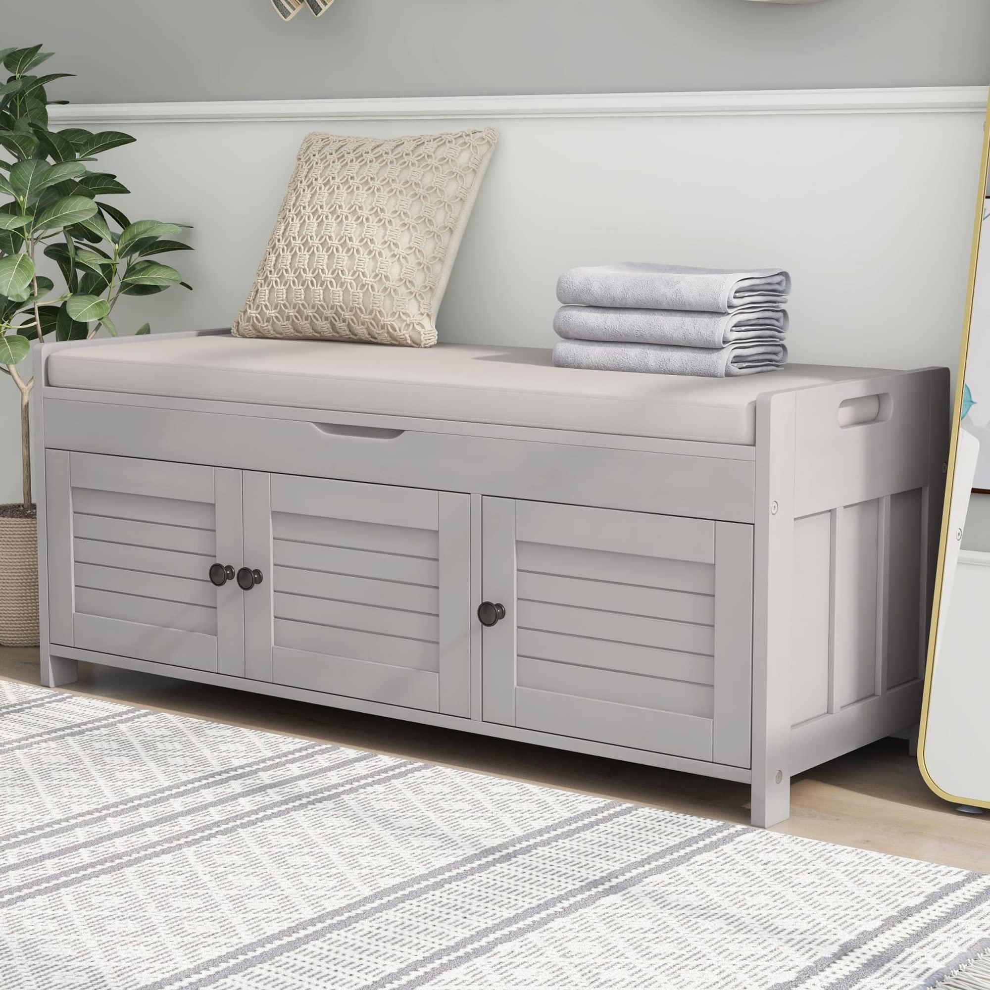 P PURLOVE Wooden Storage Bench with 3 Shutter-Style Doors - Shoe Bench with Dual Storage Compartments, Removable Cushion & Hidden Storage | Entryway, Living Room & Bedroom Organizer | Rustic Home Furniture for Shoes, Blankets & Seasonal Items