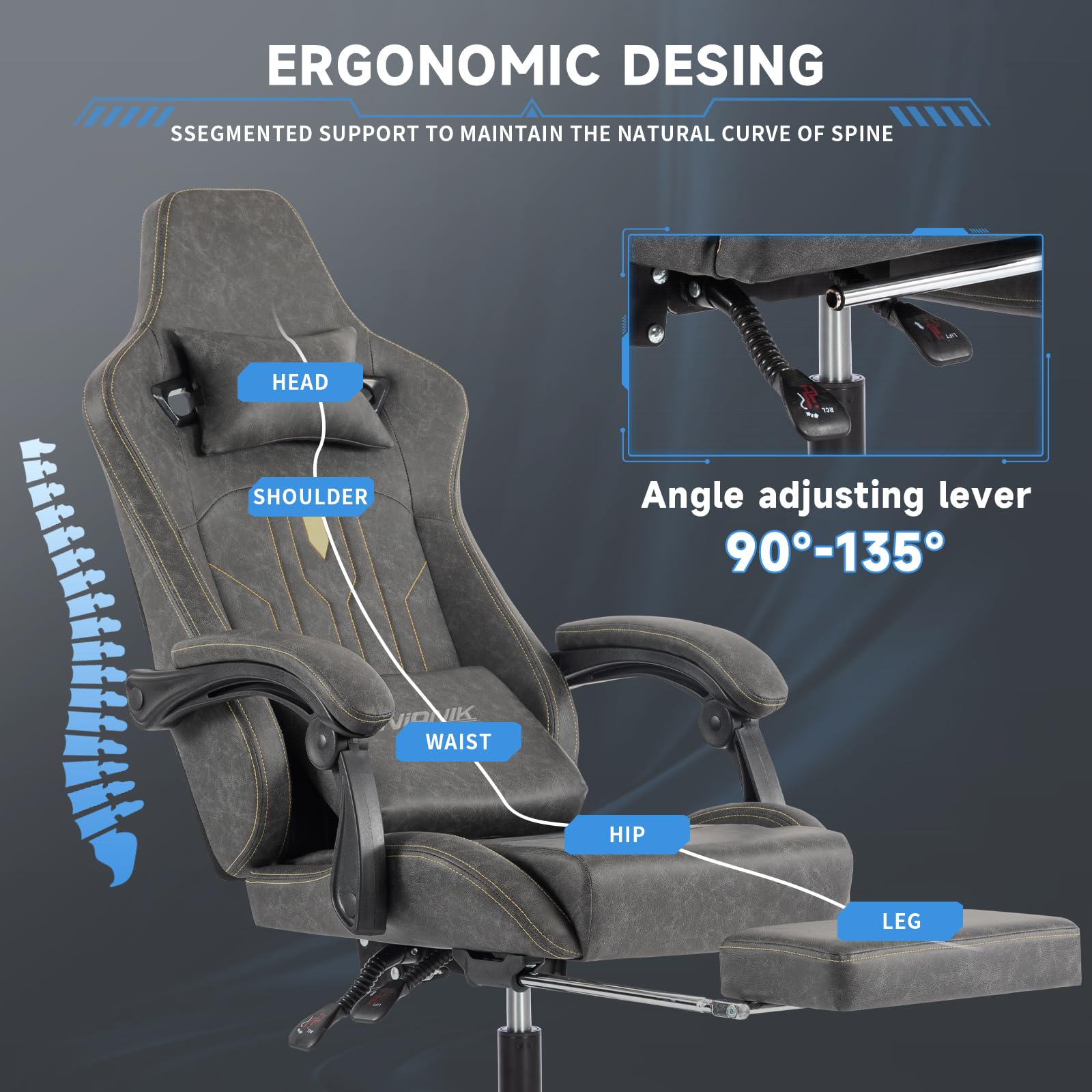 Premium Gaming Chair with Massage Lumbar Support & Footrest - Ergonomic Computer Chair with Adjustable Height & Linkage Armrests - PU Leather Racing Style Video Game Chair for Adults (Grey) - Perfect for Esports, Streaming & Home Office Setup