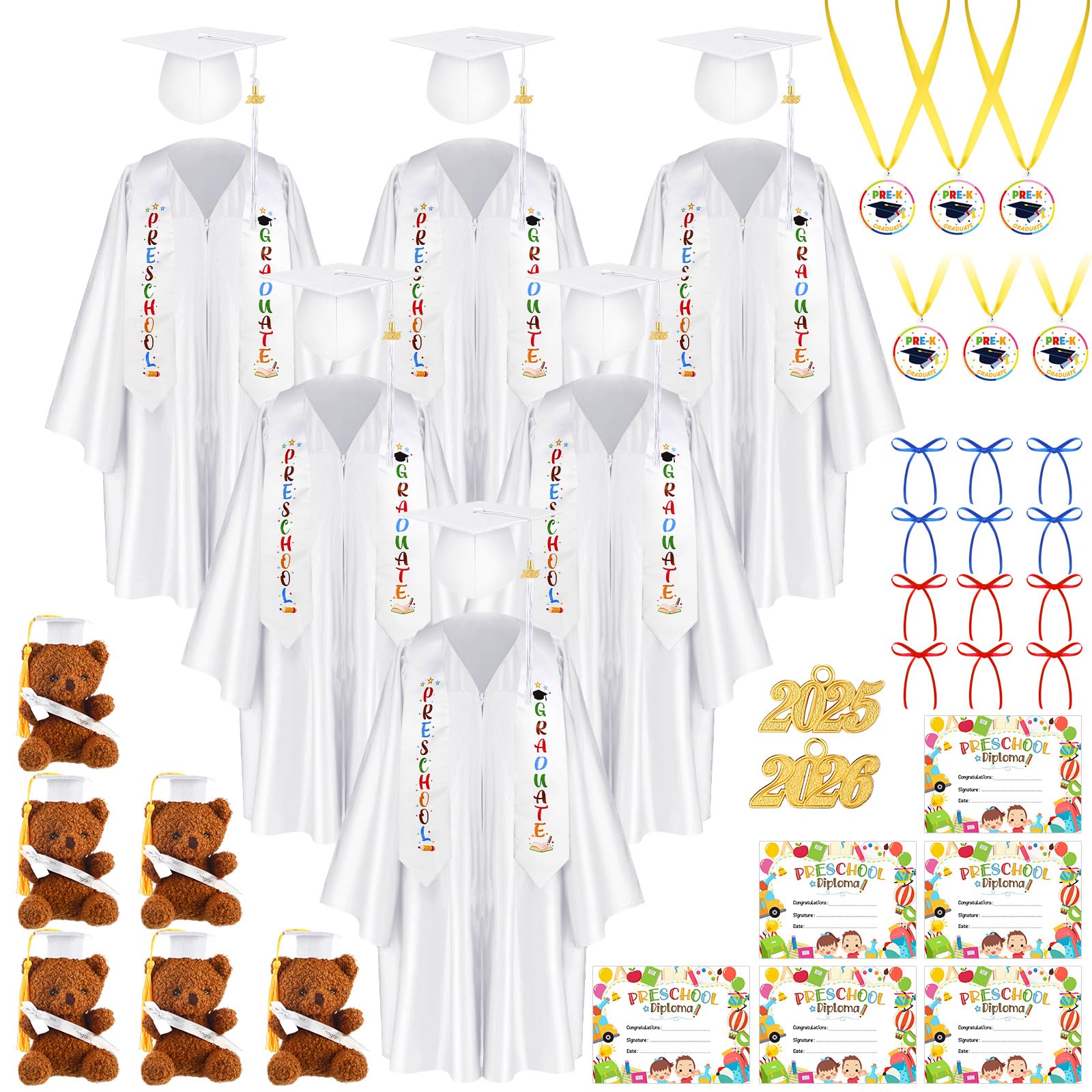 60 Pcs Preschool & Kindergarten Graduation Cap and Gown Set with 2025 Tassel, Stole, Certificate & Medal Bear - Perfect for Kids Graduation Ceremony, Photo Shoots & School Events