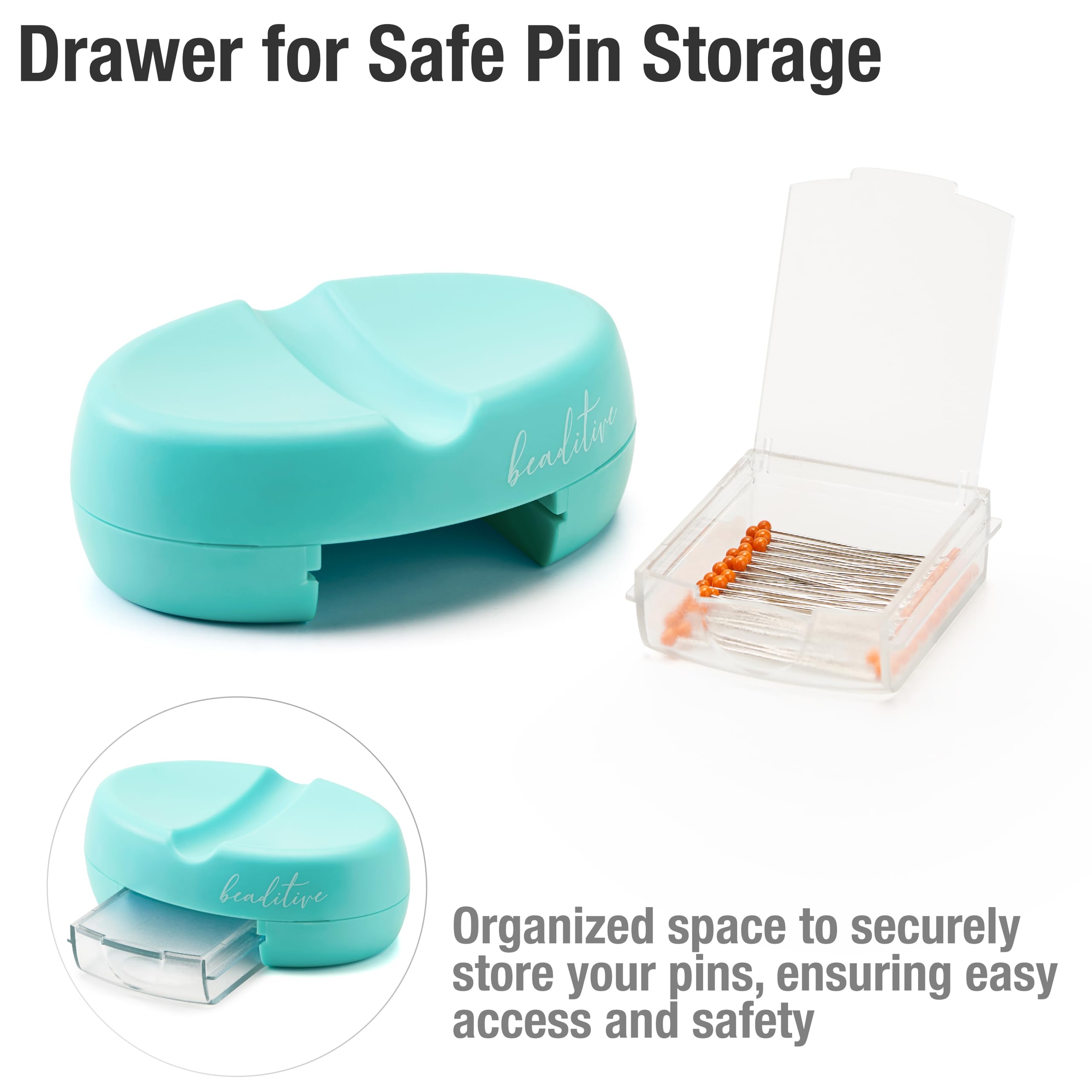 Beaditive Magnetic Pin Cushion with Drawer - Strong Magnet Pin Holder for Sewing & Quilting - 50 Glass Head Pins Included - Organize Sewing Pins, Needles, Paper Clips & Small Tools - Perfect for Crafting, DIY Projects & Home Organization (Turquoise)