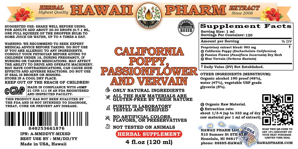 Organic California Poppy, Passionflower & Blue Vervain Liquid Extract Tincture - Herbal Supplement for Stress Relief & Relaxation - Made in USA - 32 fl.oz - Perfect for Natural Sleep Aid & Anxiety Support