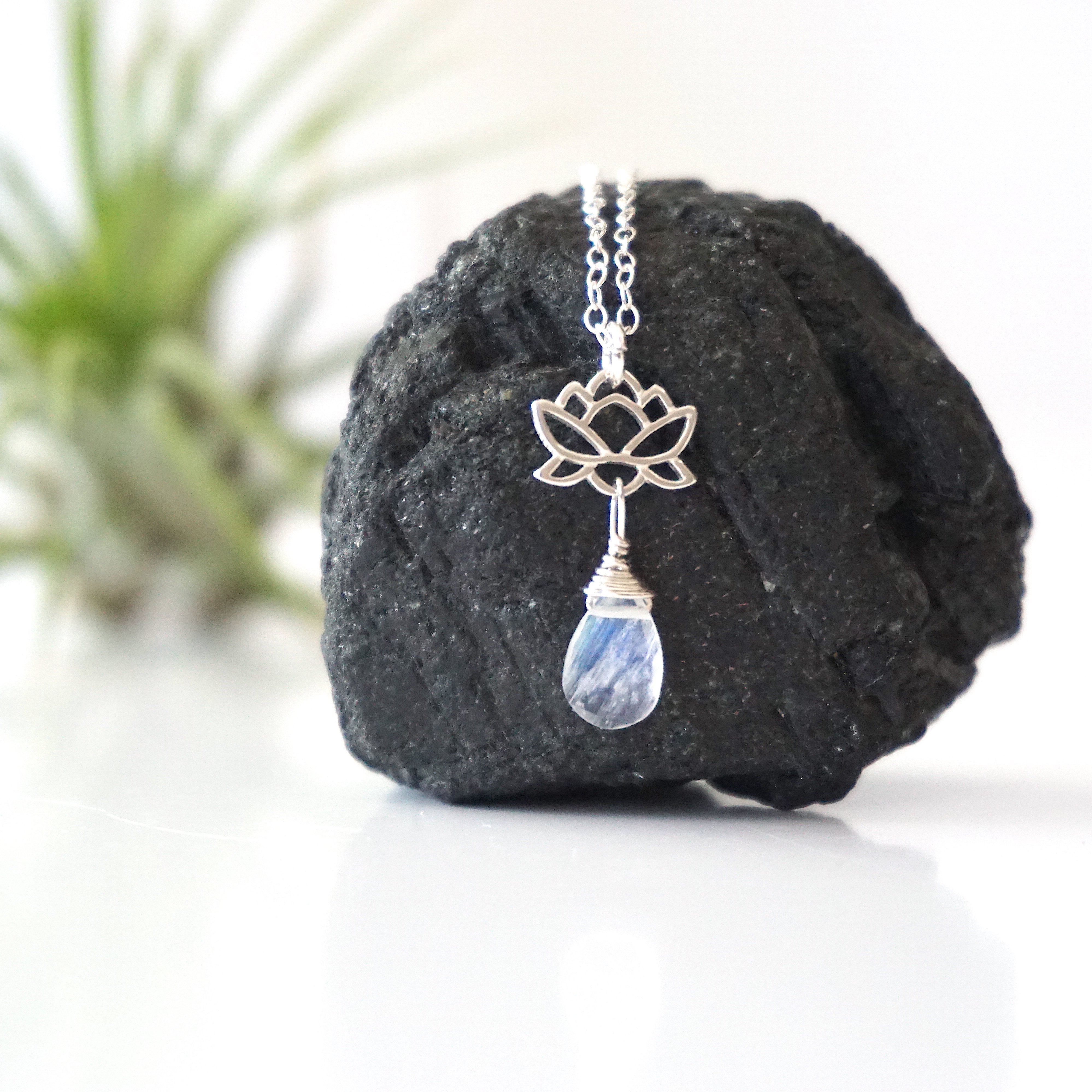Rainbow Moonstone Sterling Silver Lotus Charm Drop Necklace - Elegant Boho Jewelry for Women, Perfect for Weddings, Parties & Everyday Wear