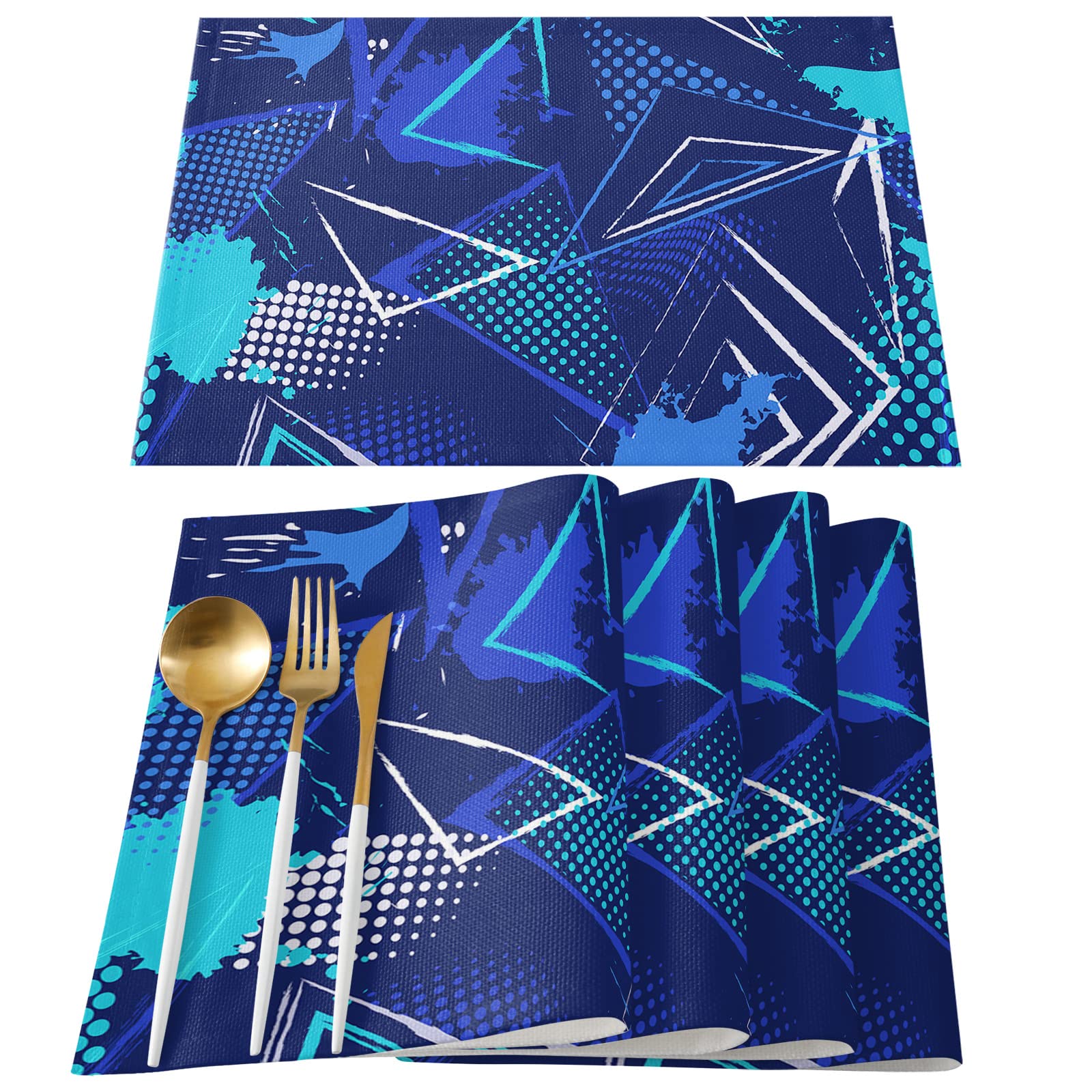 Washable Sport Placemats Set of 6 - 19x13 Inch Modern Abstract Blue White Geometric Table Mats for Kitchen & Dining Room Decor | Perfect for Home, Cafe, and Restaurant Use